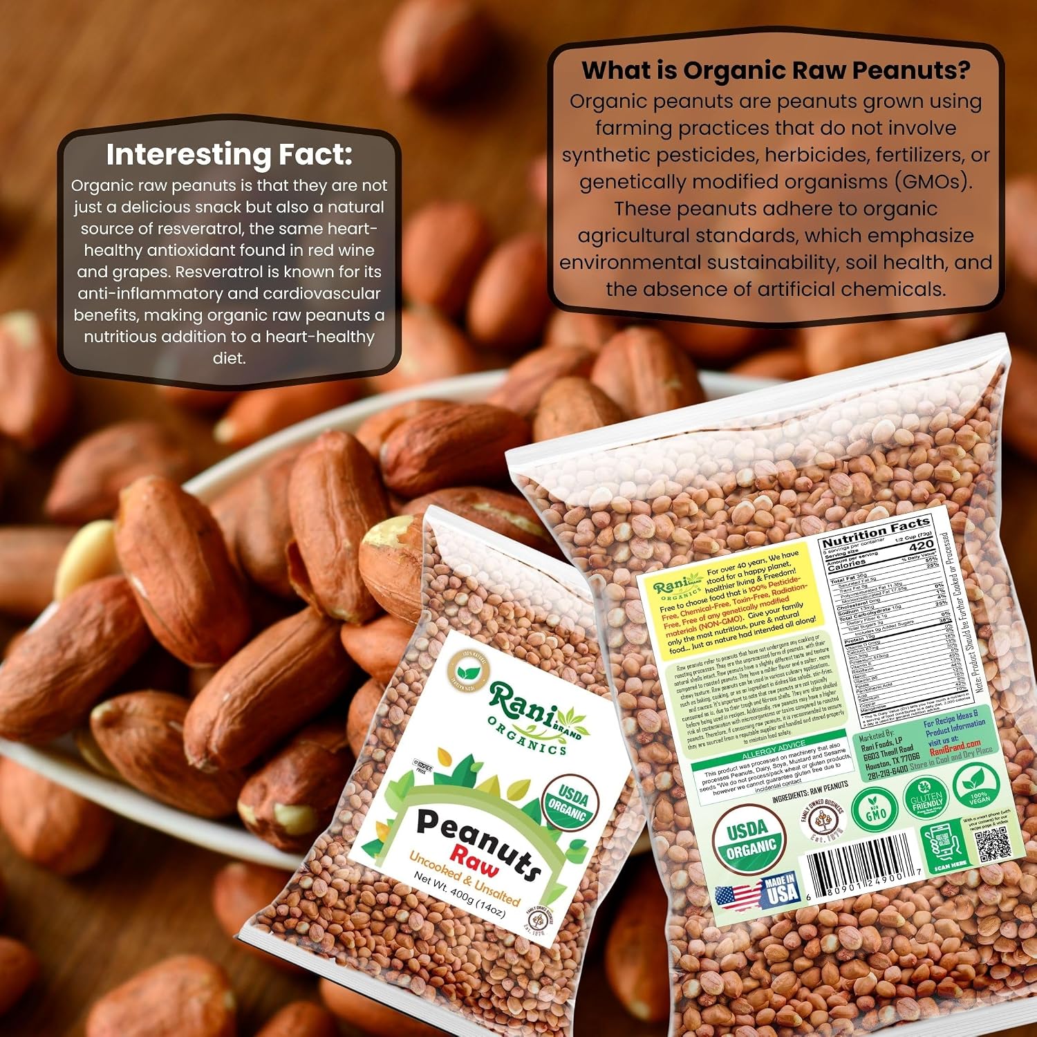 Rani Peanuts, Raw Whole With Skin (uncooked, unsalted) 14oz (400g) ~ All Natural | Vegan | Kosher | Gluten Friendly | Fresh Product of USA ~ Spanish Grade Groundnut/Red-skin