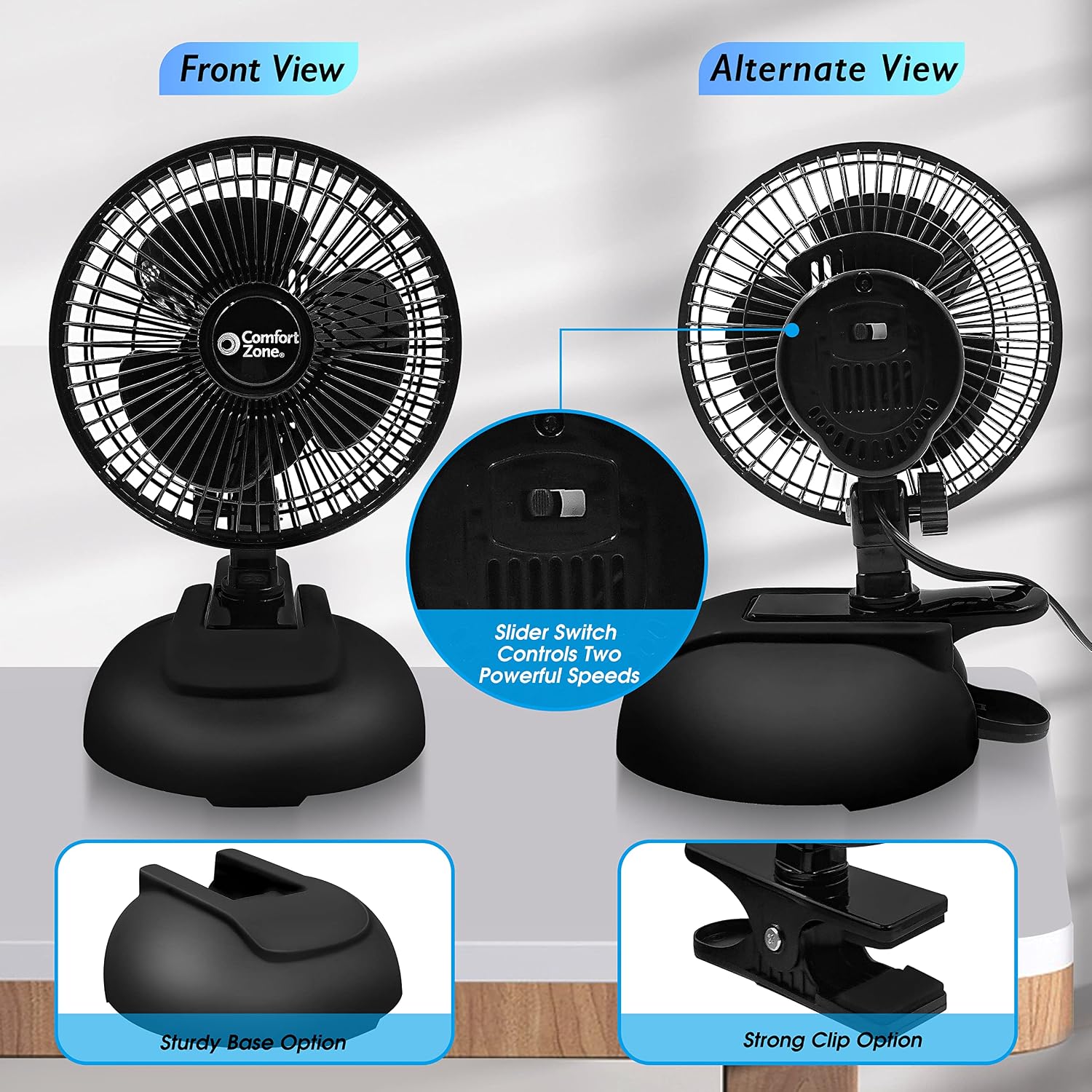 Comfort Zone CZ6XMWT 6” 2-Speed Combo Clip or Desk Fan with Removable Base, Strong Clamp for Firm Grip, Suitable for Bedroom, Office, or Dorm Room, White
