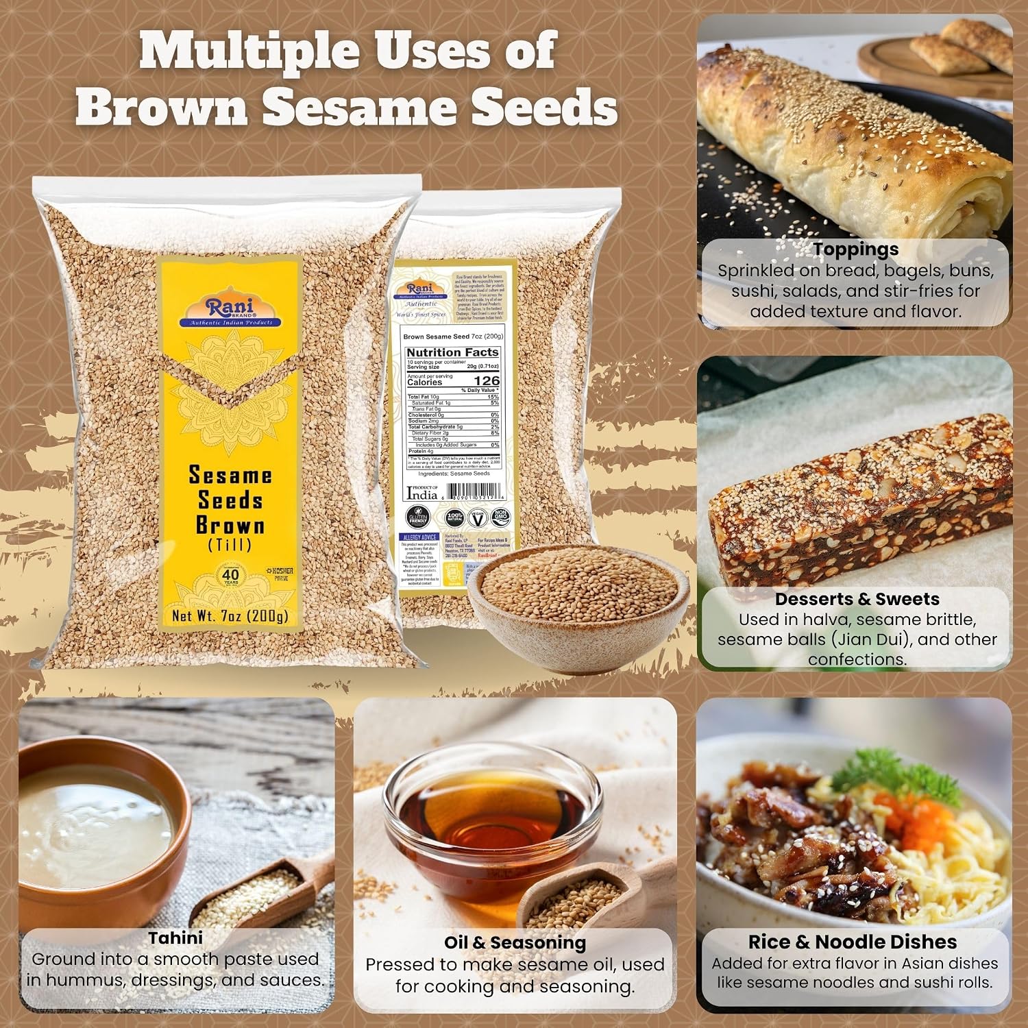 Rani Sesame Seeds Whole Brown, Raw (Till) 28oz (800gm) ~ All Natural | Gluten Friendly | NON-GMO | Vegan | Indian Origin