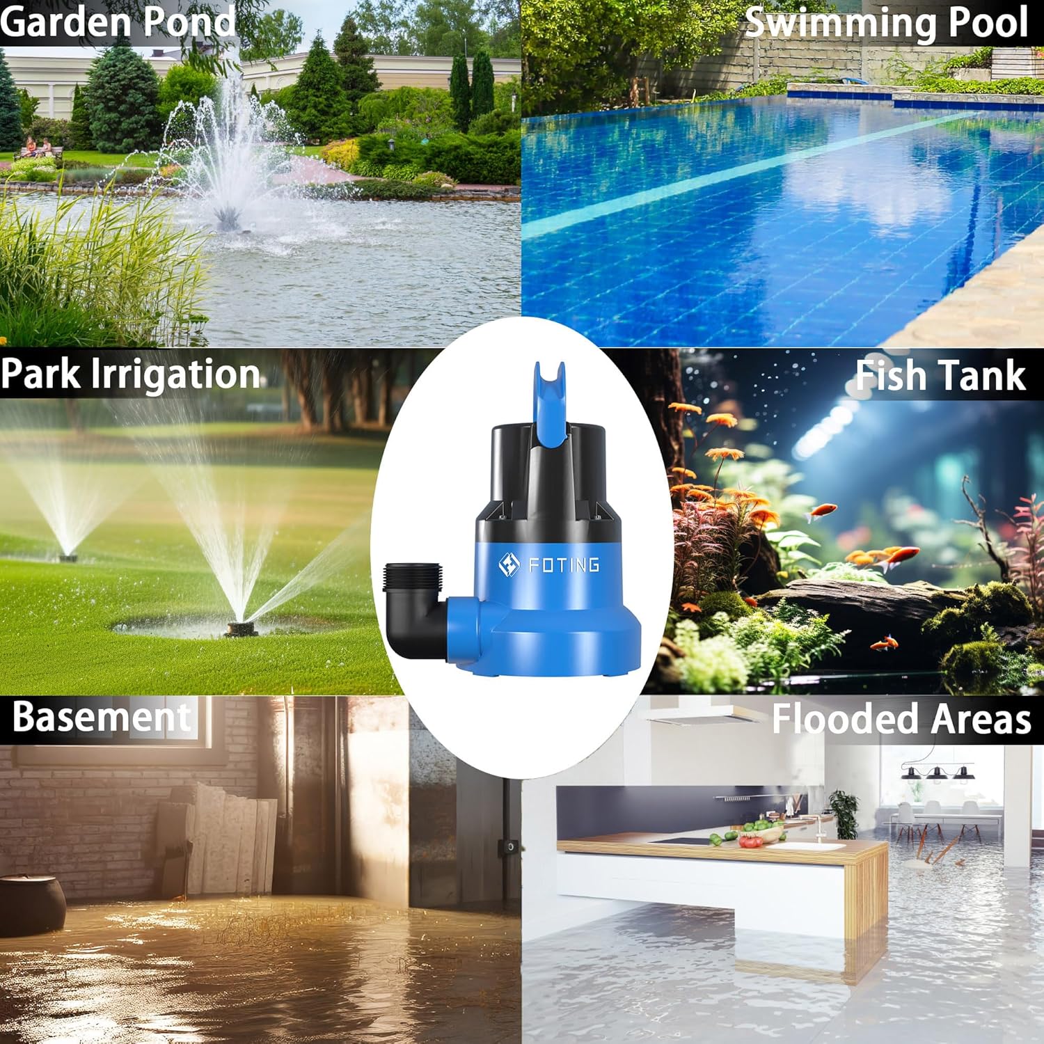 FOTING 1/2HP Submersible Water Pump with Stainless Steel Base - Removes Water to 0.04" Depth, 2450GPH Portable Sump Pump for Puddles, Pools, Boats