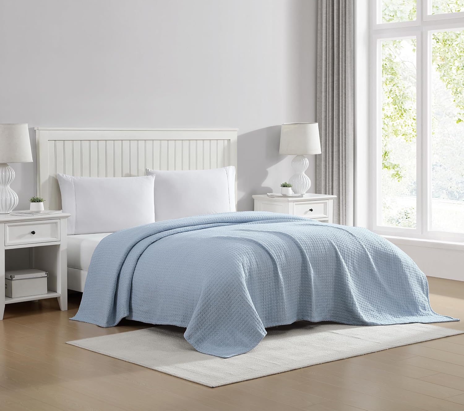 Grand Hotel Lightweight Full/Queen Blanket, 100% Cotton, Pearl Blue | All-natural yarn-dyed mercerized cotton is exceptionally durable, breathable and soft