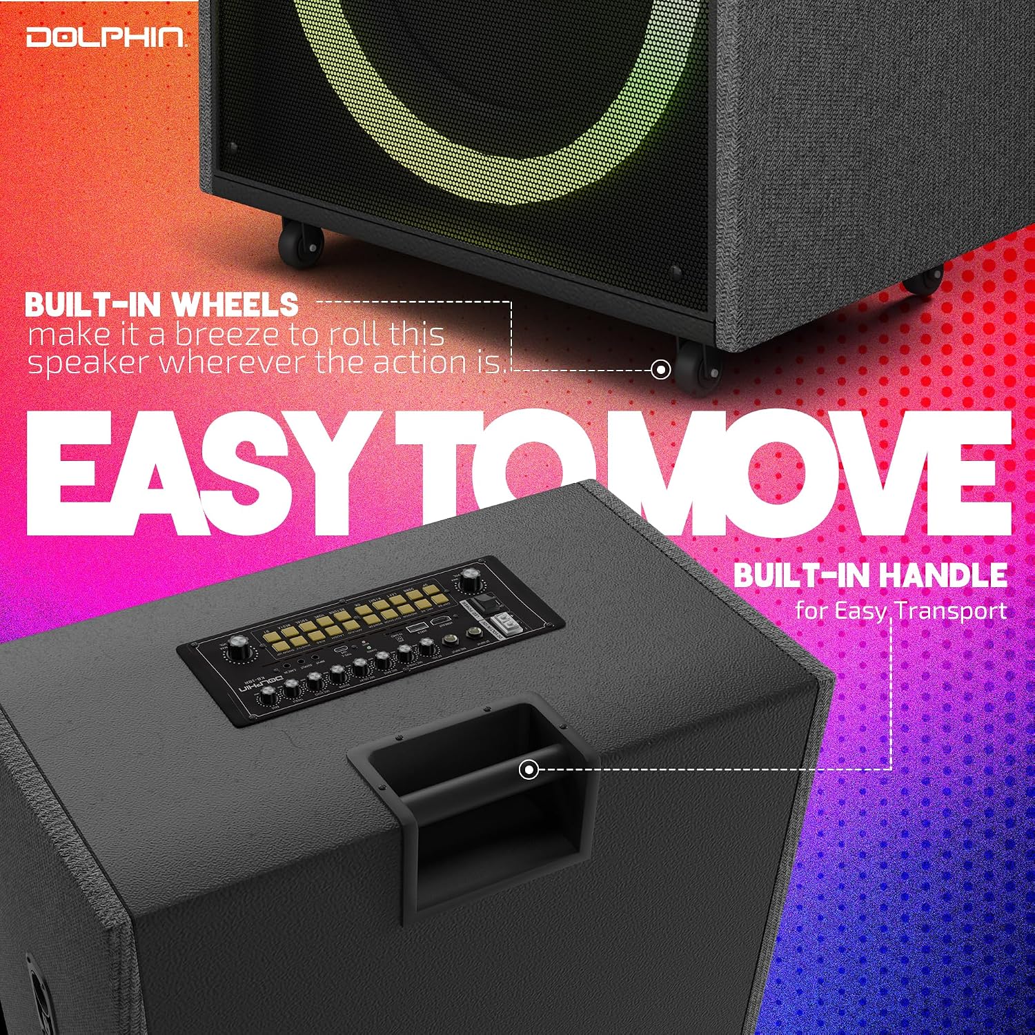 Dolphin Karaoke Machine with 2 Wireless Microphones, 18" Woofer | 18.5" Touchscreen, Android 12, Bluetooth, HDMI, USB, TF, AUX & FM Inputs