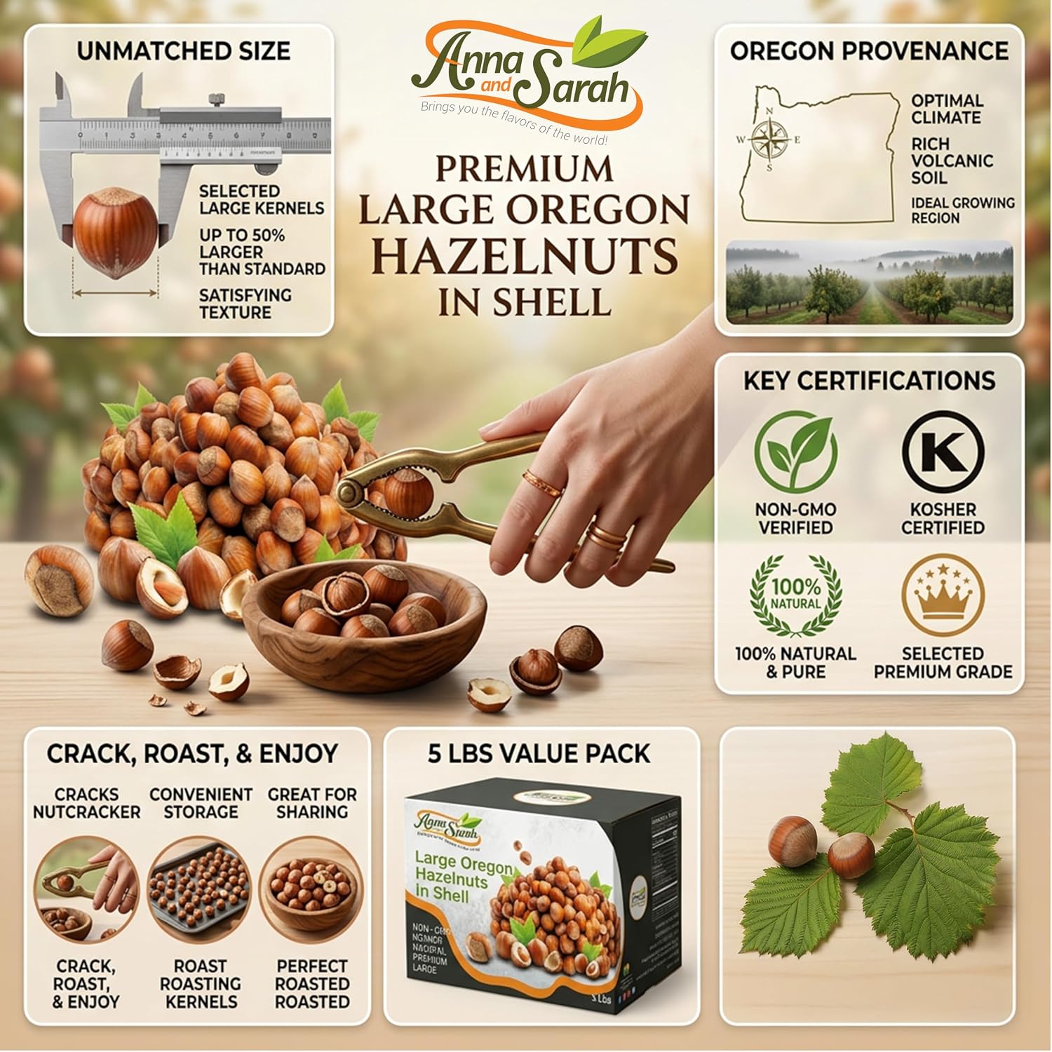 Anna and Sarah Large Oregon Hazelnuts in Shell in Box, 5 Lbs