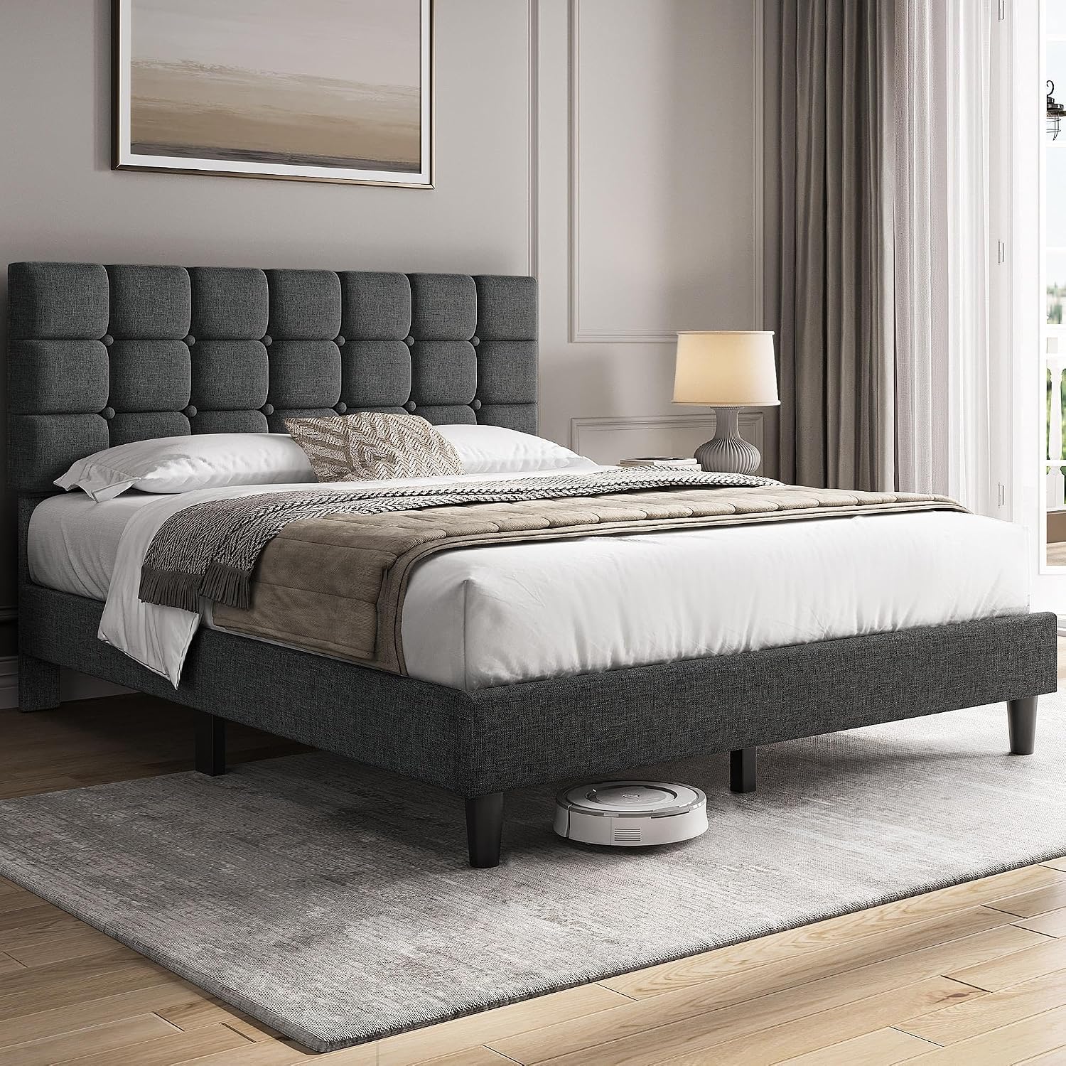 Yaheetech Full Size Upholstered Tufted Bed Frame with Headboard, Dark Gray | Sturdy engineered wood frame with linen fabric upholstery features a soft tufted headboard for easy assembly and support
