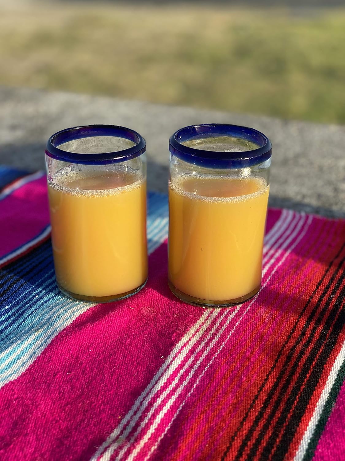 Hand Blown Mexican Drinking Glasses - Set of 6 Juice Glasses with Cobalt Blue Rims (8 oz each)