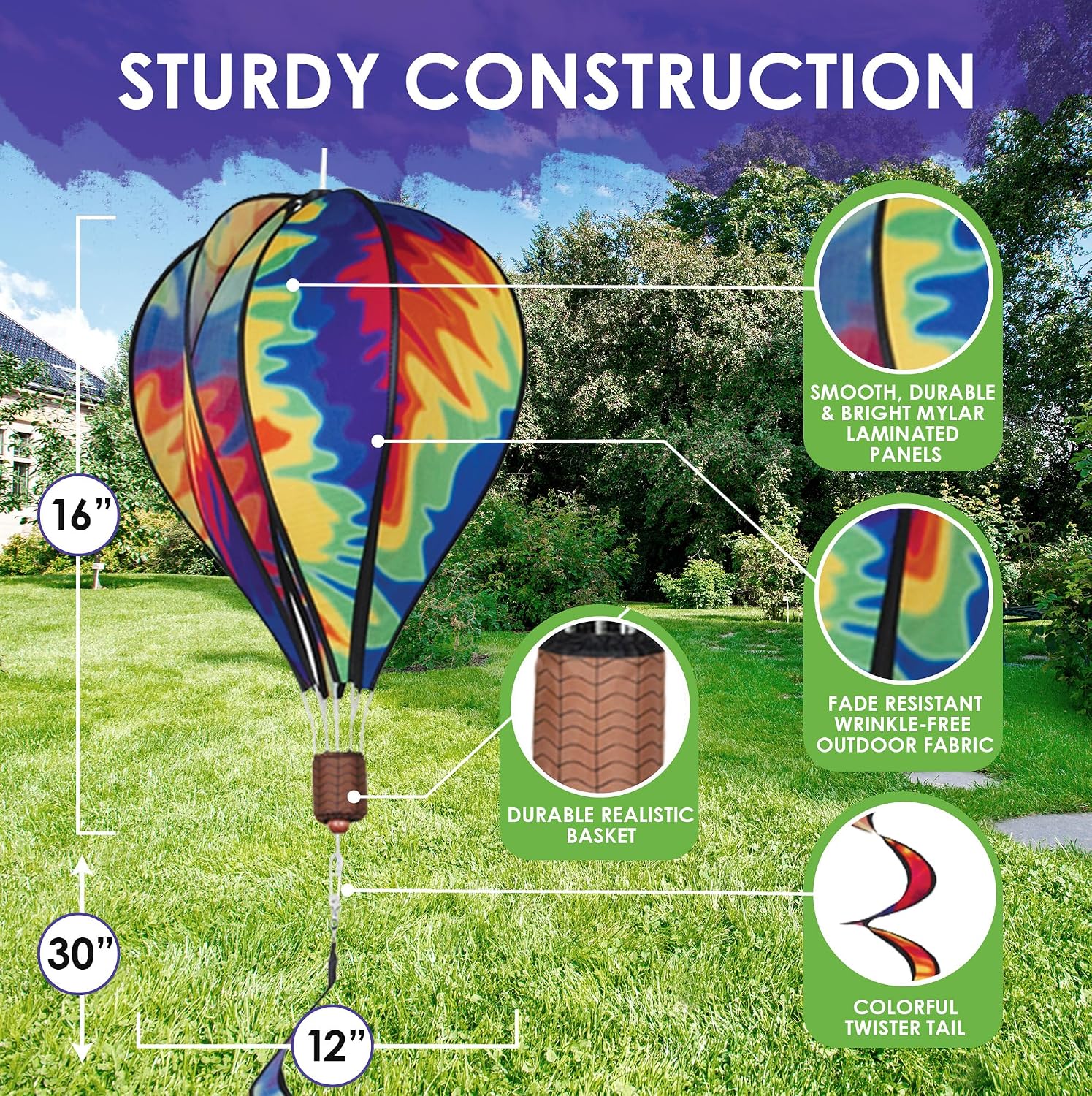 Hot Air Balloon Hanging Garden Spinner 16" - Vibrant Patriotic Design, Weather-Resistant Outdoor Decor, Durable & Lightweight for Patios, Yards, and Gardens - Eye-Catching Wind Spinner