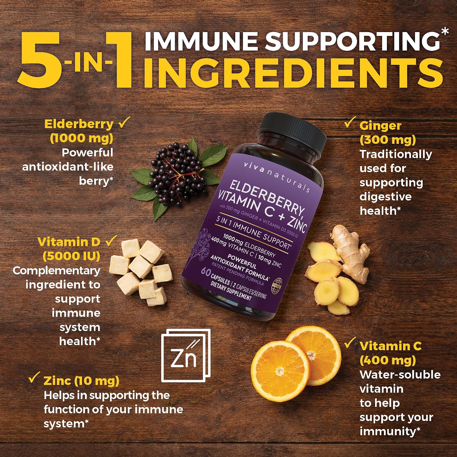 Viva Naturals Elderberry with Vitamin C and Zinc for Adults - 5 in 1 Sambucus Black Elderberry Capsules with Vitamin D3 5000 IU Immunity Supplement
