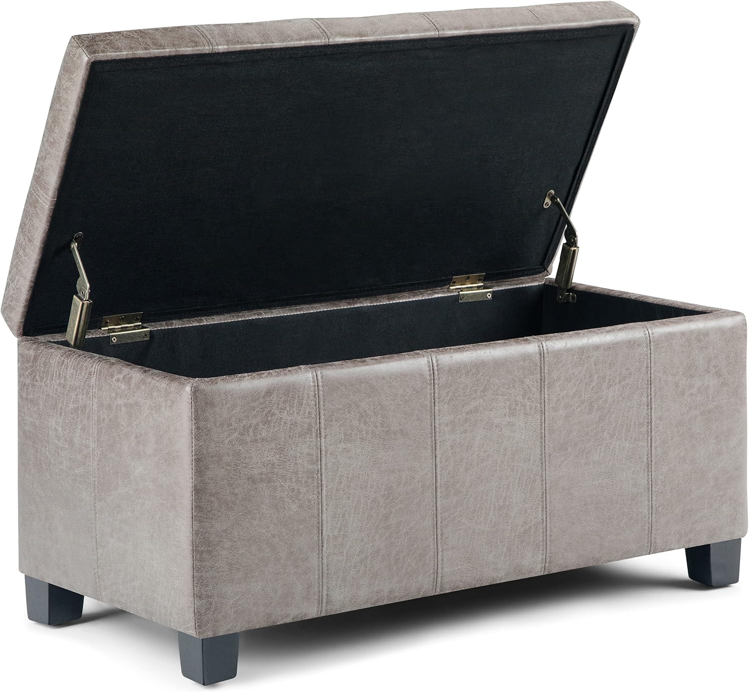 SIMPLIHOME Dover 36" Wide Vegan Leather Storage Ottoman in Midnight Black | Distressed umber brown, contemporary ottoman with lift-top and safety hinges; rectangle storage bench for living room.