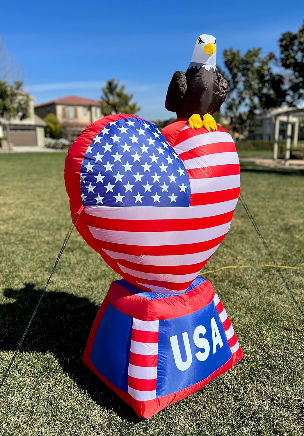 5 Foot Tall Patriotic Independence Day 4th of July Inflatable | Love Heart with American Flag and Bald Eagle, Pre-Lit LED Lights, Outdoor Indoor