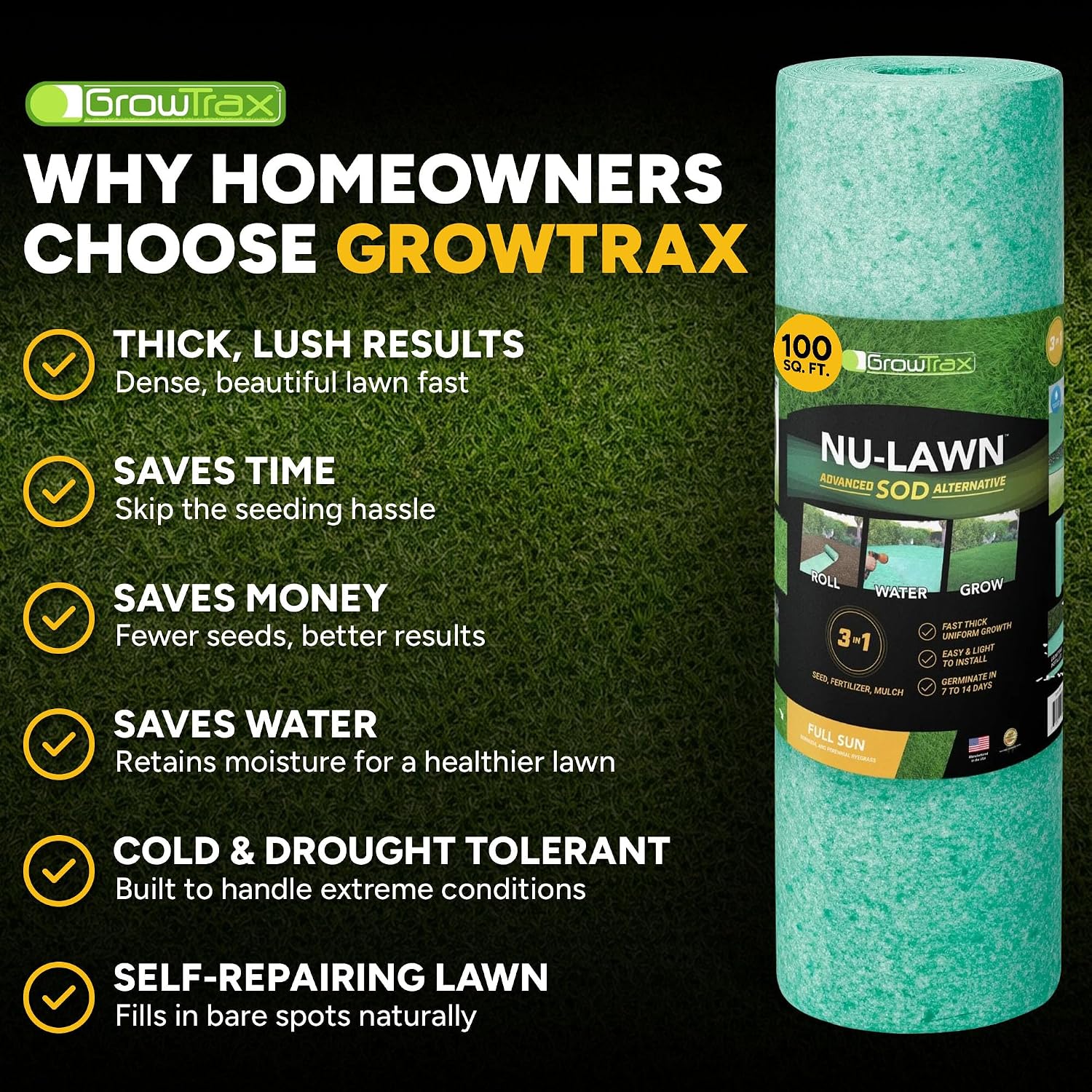 Growtrax Biodegradable Grass Seed Mat & Fertilizer - 100 Sq Ft Bermuda Rye | Grass Seed for Lawns, Dog Patches & Shade, Just Water and Grow