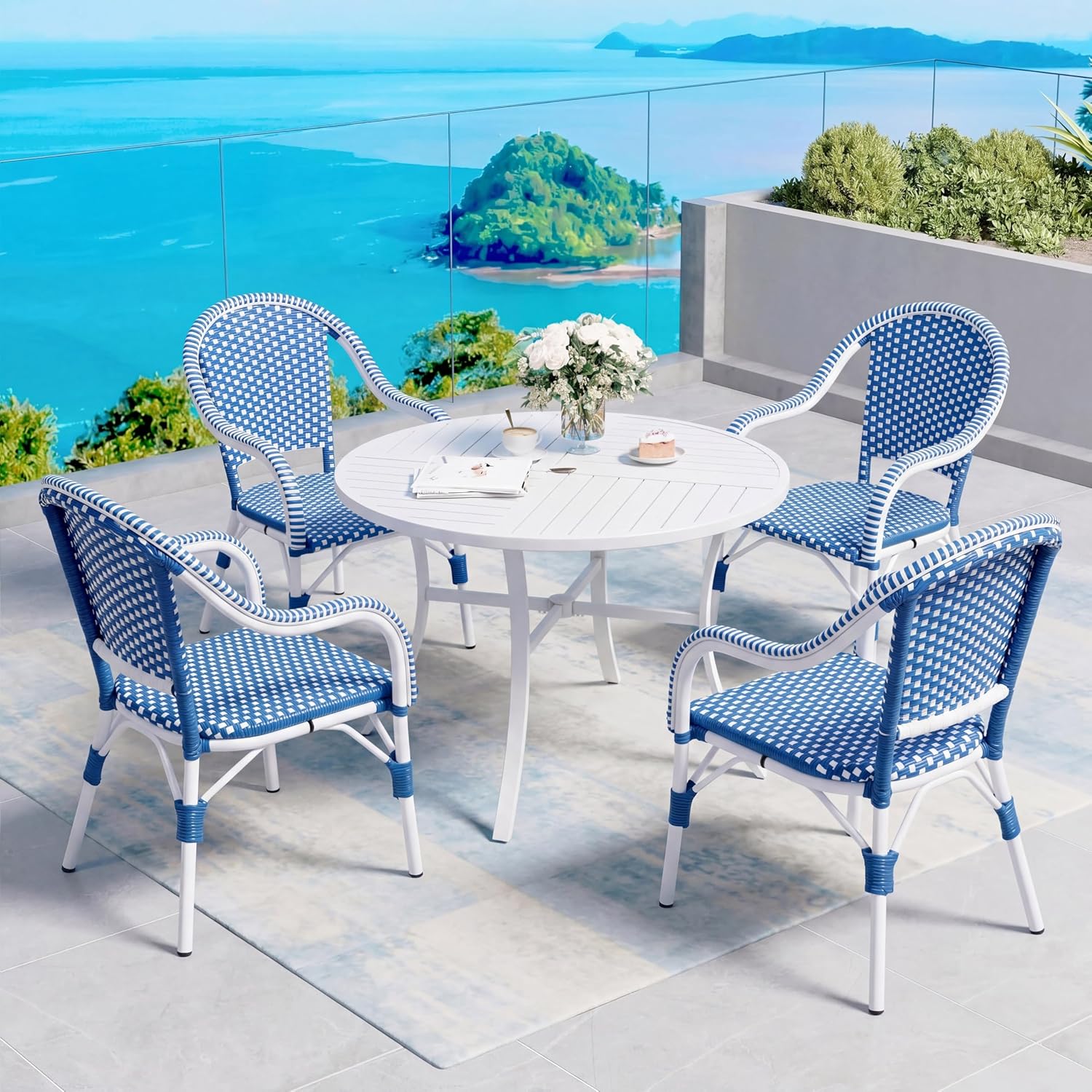 Christopher Knight Home Gwendolyn Outdoor French Bistro Chairs (Set of 4), Black + White + Bamboo Print Finish