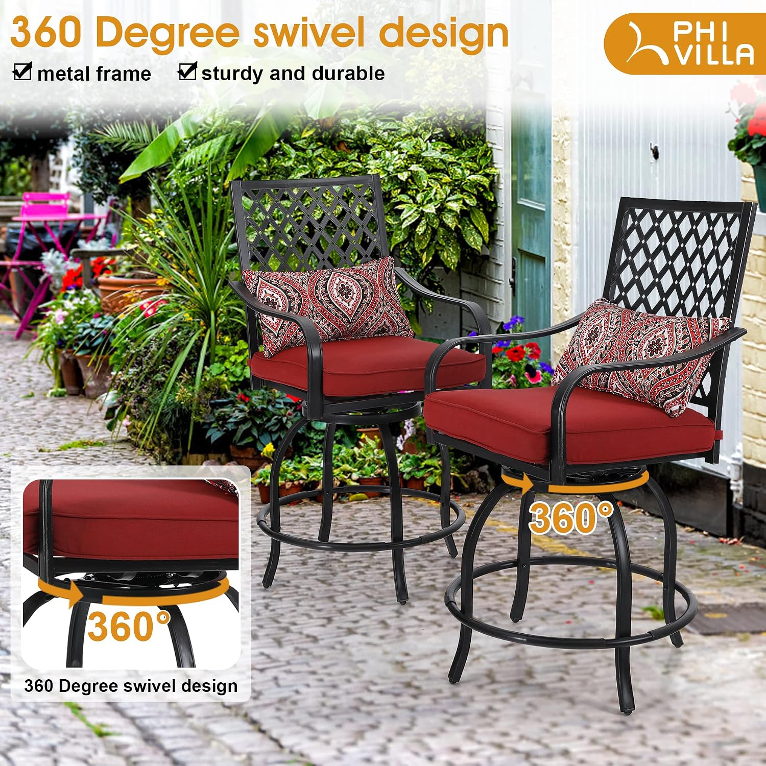 PHI VILLA Outdoor Bar Set 3 PCS Patio Bistro Table & Swivel Stools