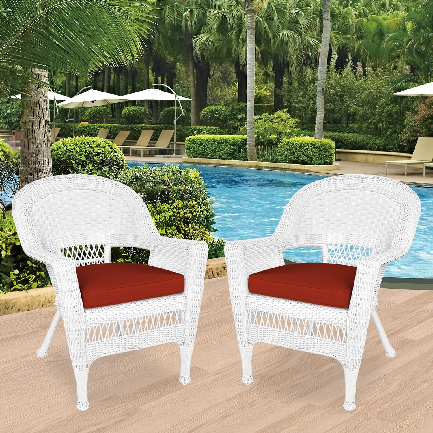 Jeco Wicker Chair with Red Cushion, Set of 2, White/W00206-