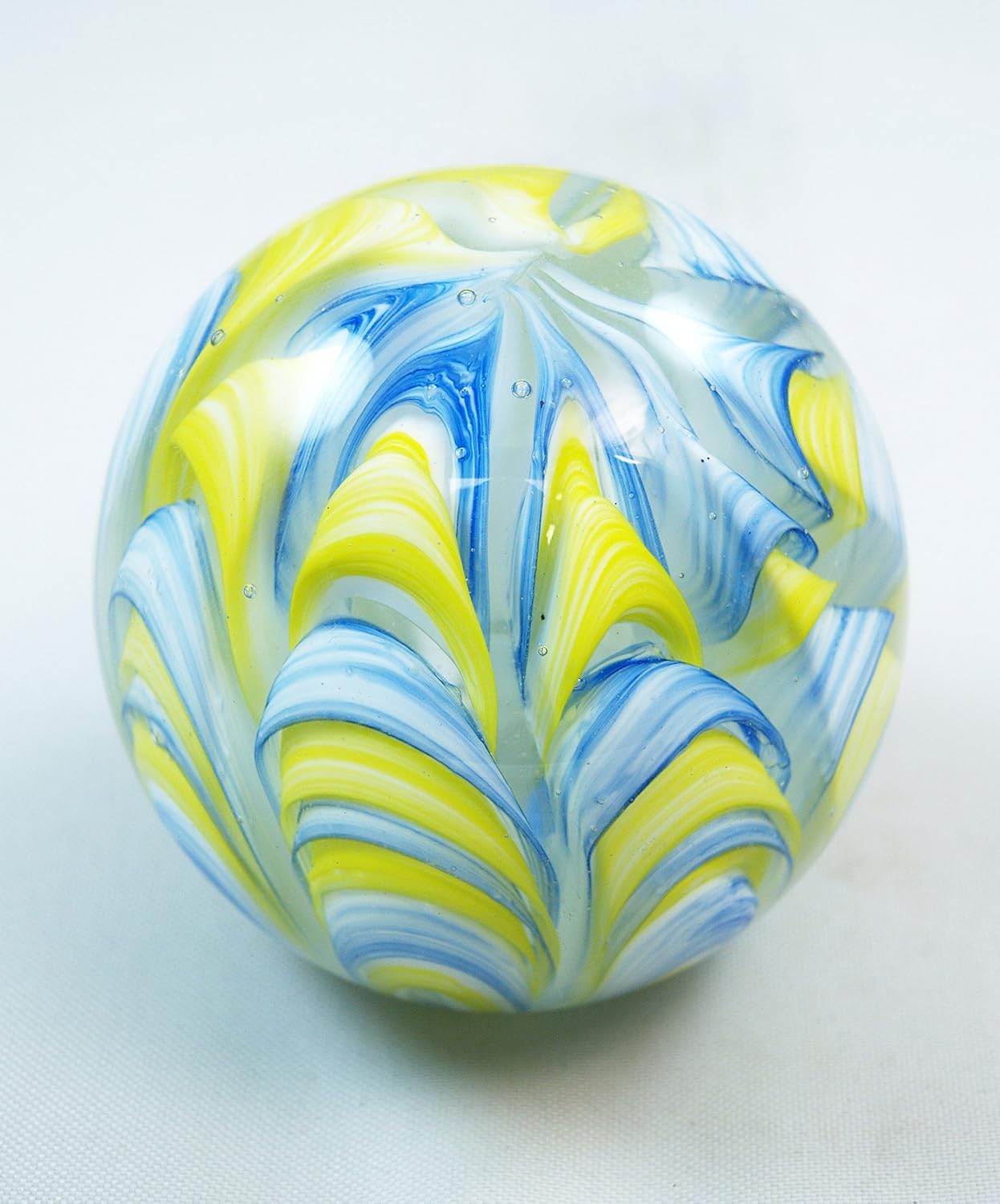M Design Art Handcraft Glass Art Rainbow Swirls Yellow Blue Handmade Art Glass Paperweight