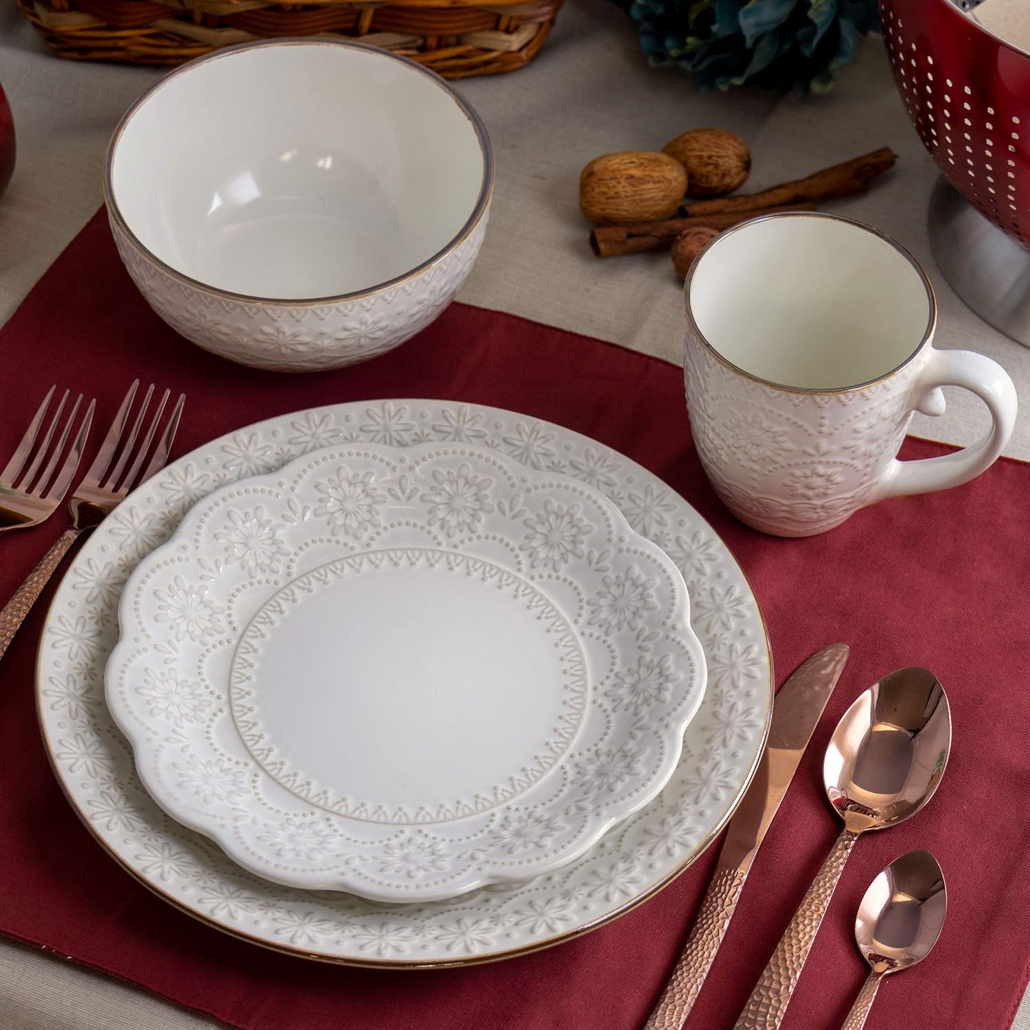 Elama Embossed Scalloped Stoneware Dinnerware Dish Set, 16 Piece, Ivory
