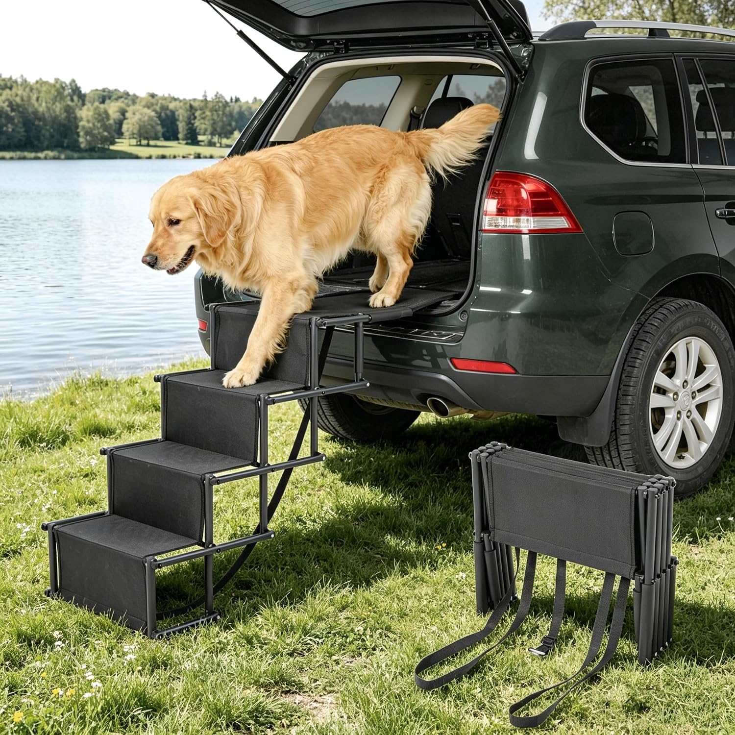 Portable Extra Wide Dog Steps, Large Dog Folding Stairs for Car, Truck, SUV | 4 Steps Non-Slip Dog Ramp for Large Dogs, Supports Up to 300 Lbs