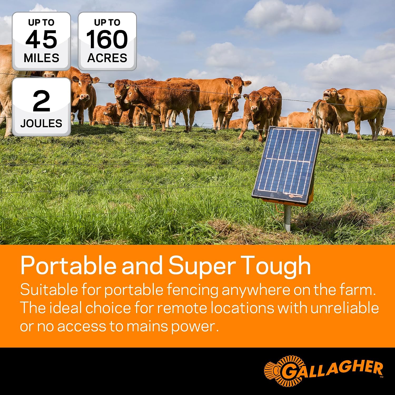 Gallagher S200 Solar Electric Fence Charger | 2.0 Joule Solar Powered Fence Energizer | Two Power Modes for Wildlife Deterrence and Livestock