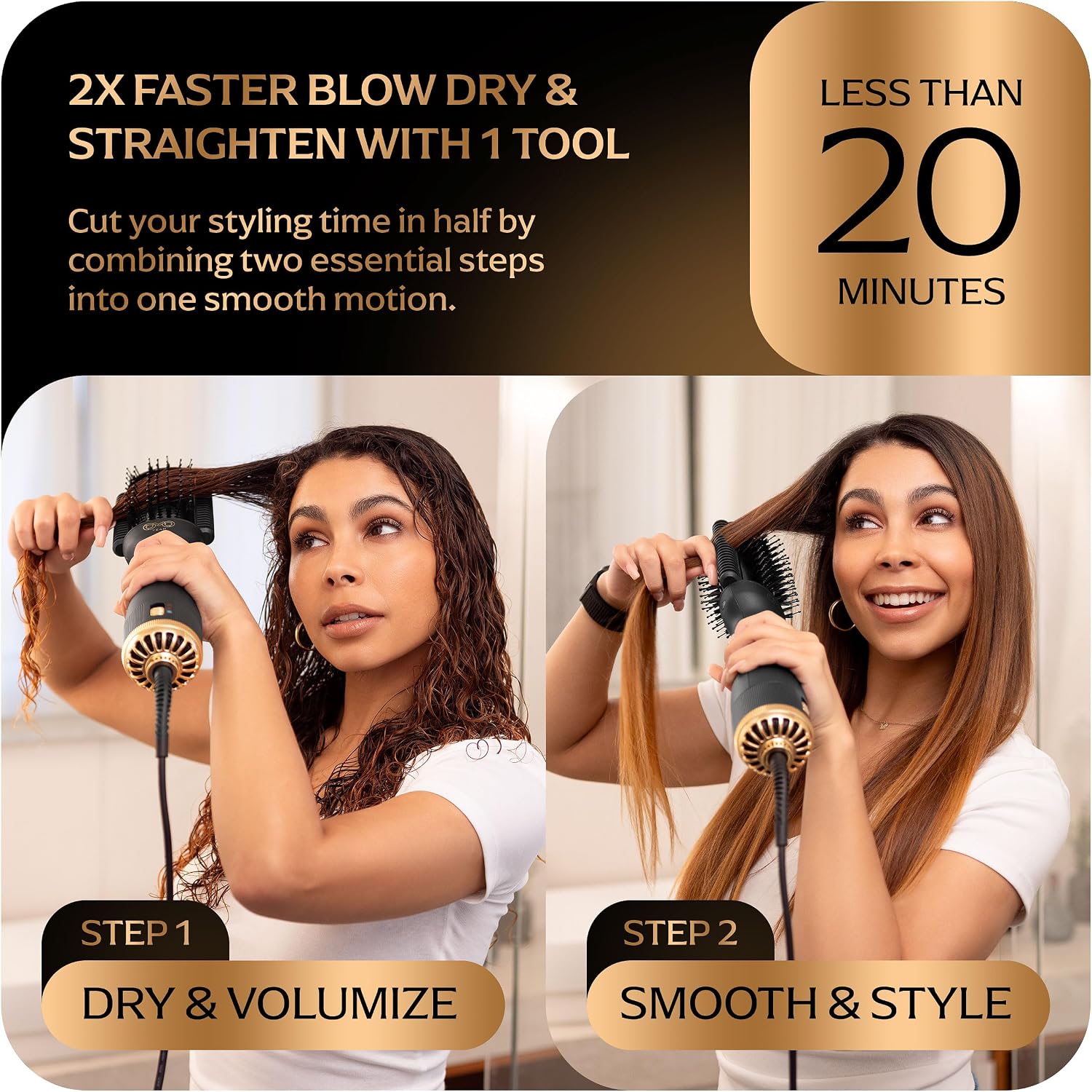 Professional Blowout Hair Dryer Brush, Black Gold Dryer and Volumizer, Hot Air Brush for Women, 75MM Oval Shape (Black Gold)