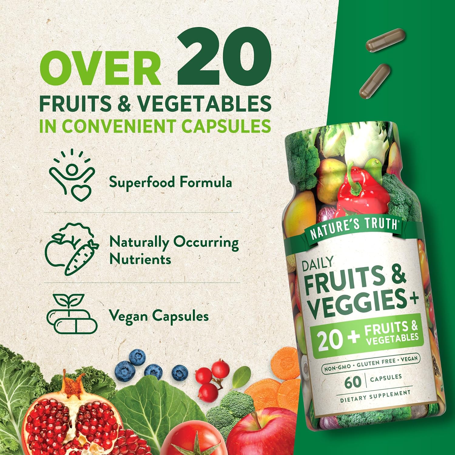 Nature's Truth Super Fruits and Veggies | 60 Vegan Capsules
