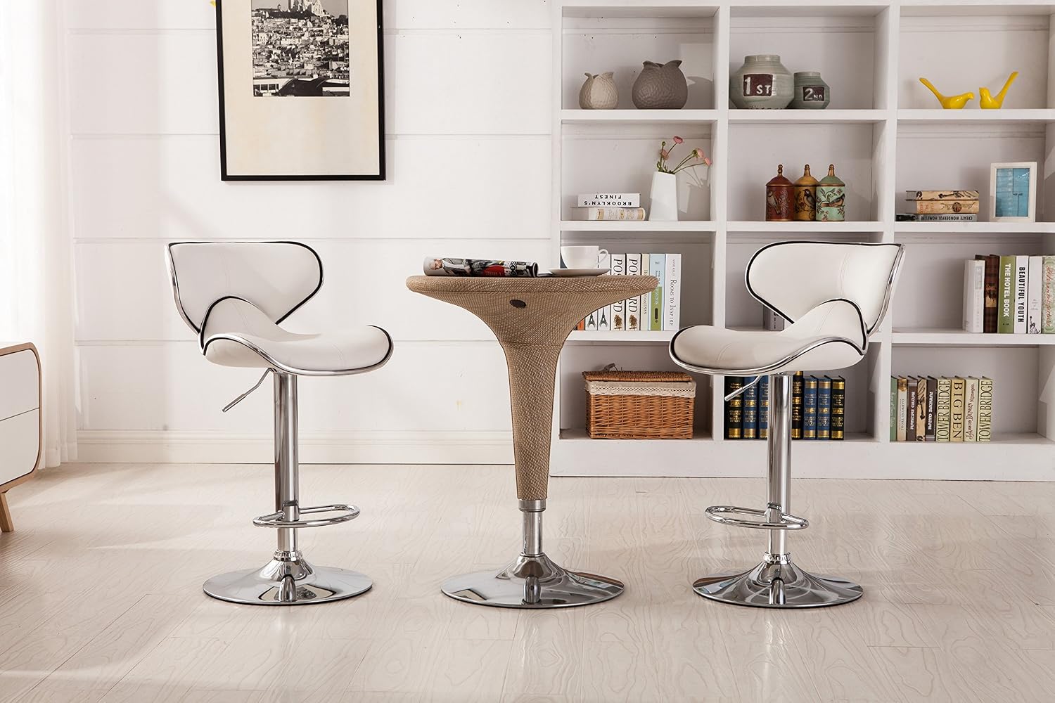 Roundhill Furniture Masaccio Cushioned Leatherette Upholstery Airlift Adjustable Swivel Barstool with Chrome Base, Set of 2, Blue
