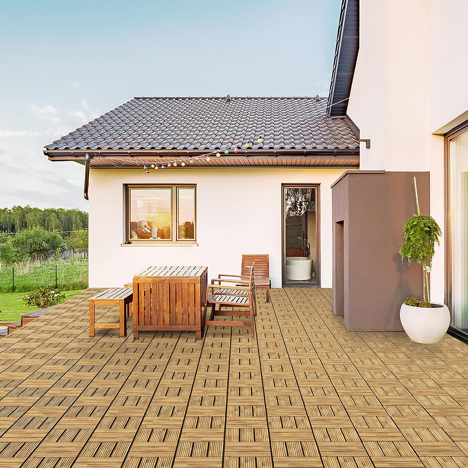 Topeakmart 27PCS Interlocking Deck Tiles 12x12 Patio Flooring, Brown