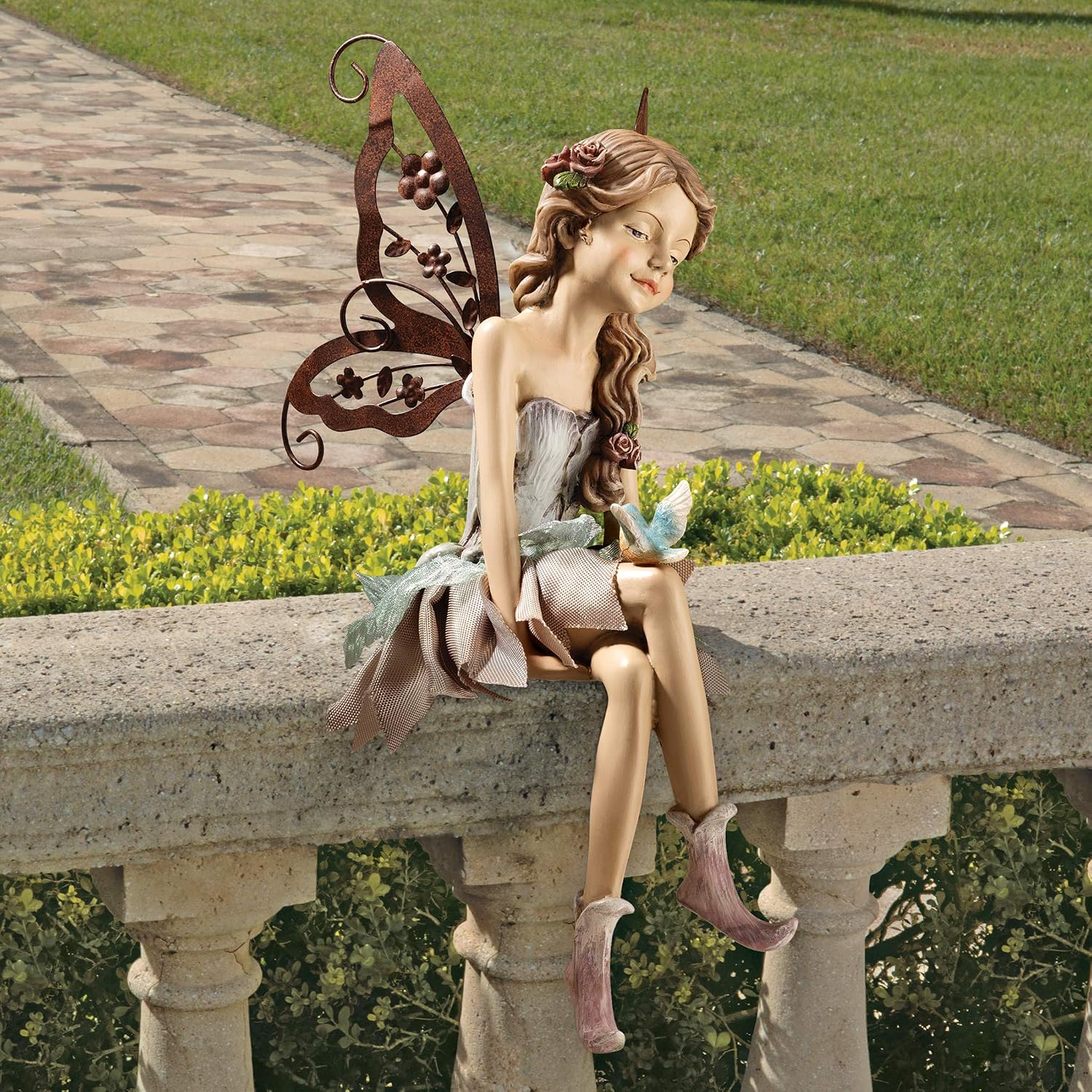 Design Toscano KY71004 Fiona The Flower Fairy Garden Statue, 17 Inch, Antique Stone