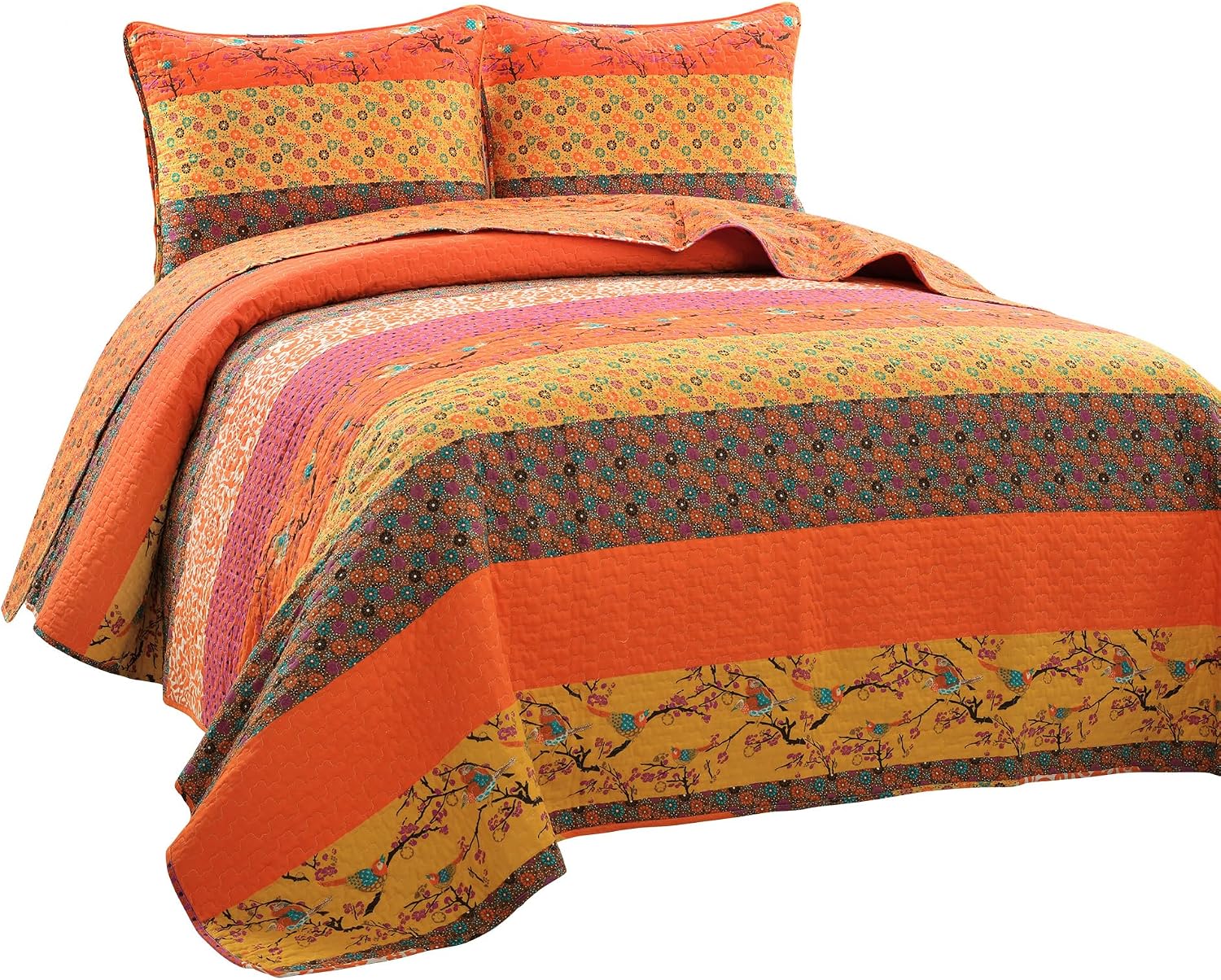 Lush Decor Royal Empire Reversible Cotton Quilt Set, 3 Piece Set Full/ Queen, Plum - Striped Bedding Set - Floral Quilt Queen Size - Purple Bedding - Boho Decor