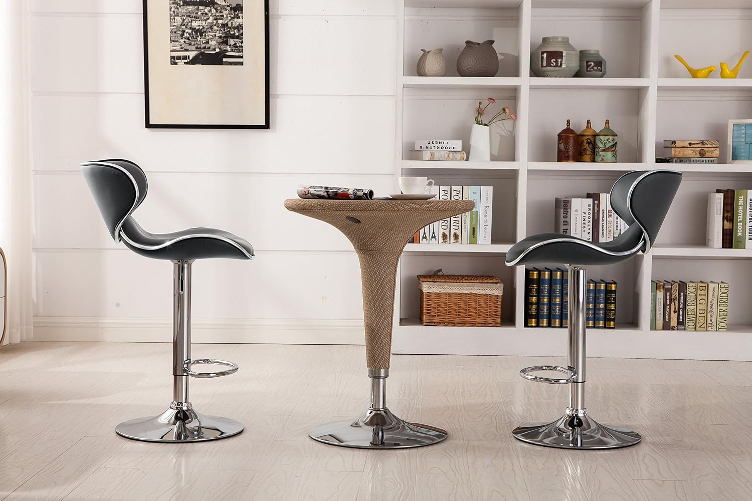 Roundhill Furniture Masaccio Cushioned Leatherette Upholstery Airlift Adjustable Swivel Barstool with Chrome Base, Set of 2, Blue