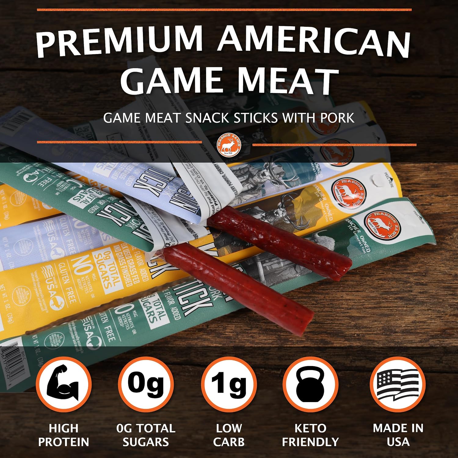 Pearson Ranch Meat Sticks Variety Pack - Elk, Bison, Venison, Wild Boar - Exotic Meat Sticks, High-Protein Paleo & Keto Friendly Healthy Snacks