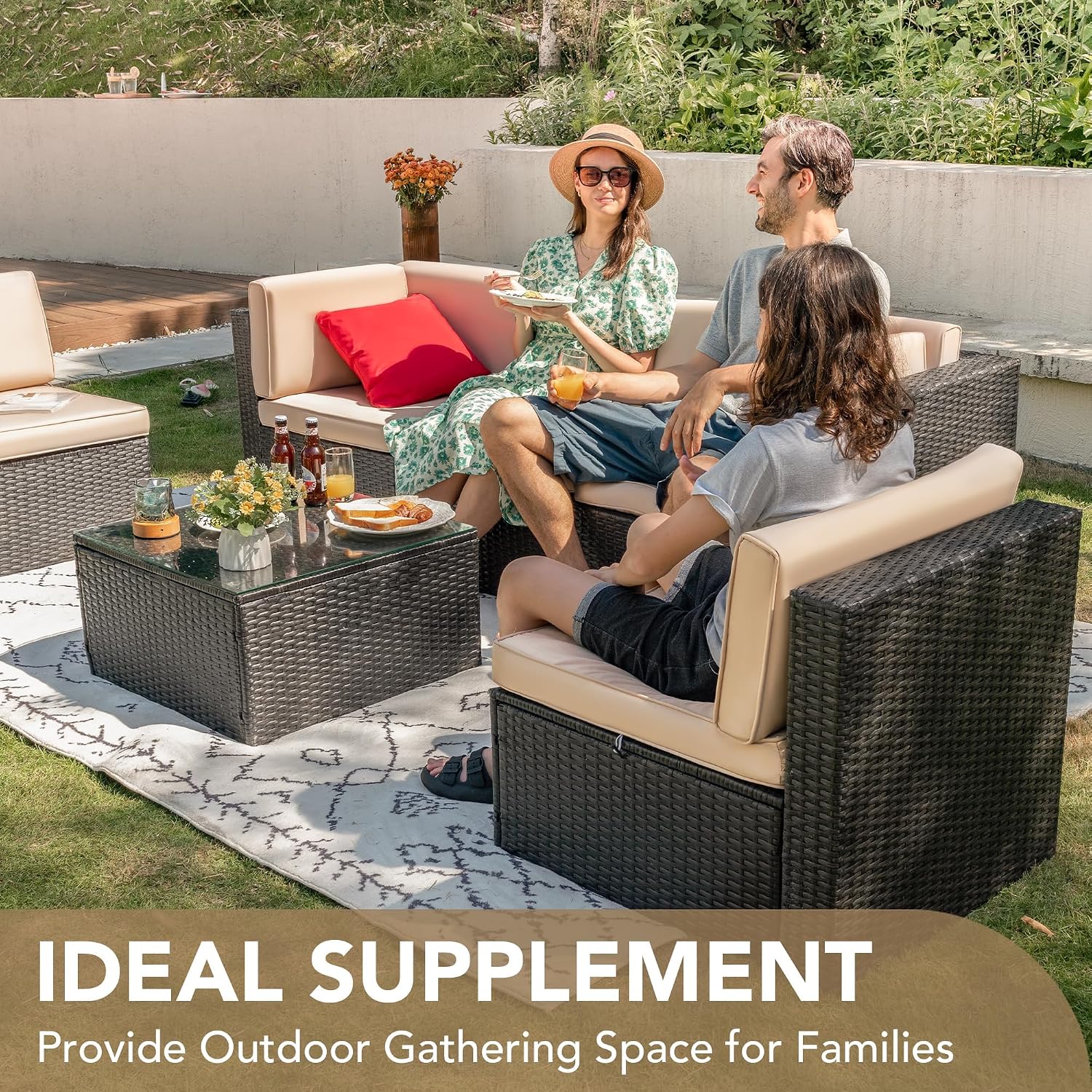 Devoko 5 Pieces Patio Furniture Sets Outdoor Sectional Patio Sofa | All Weather Manual Weaving Wicker Rattan Patio Seating Sofas with Cushion and