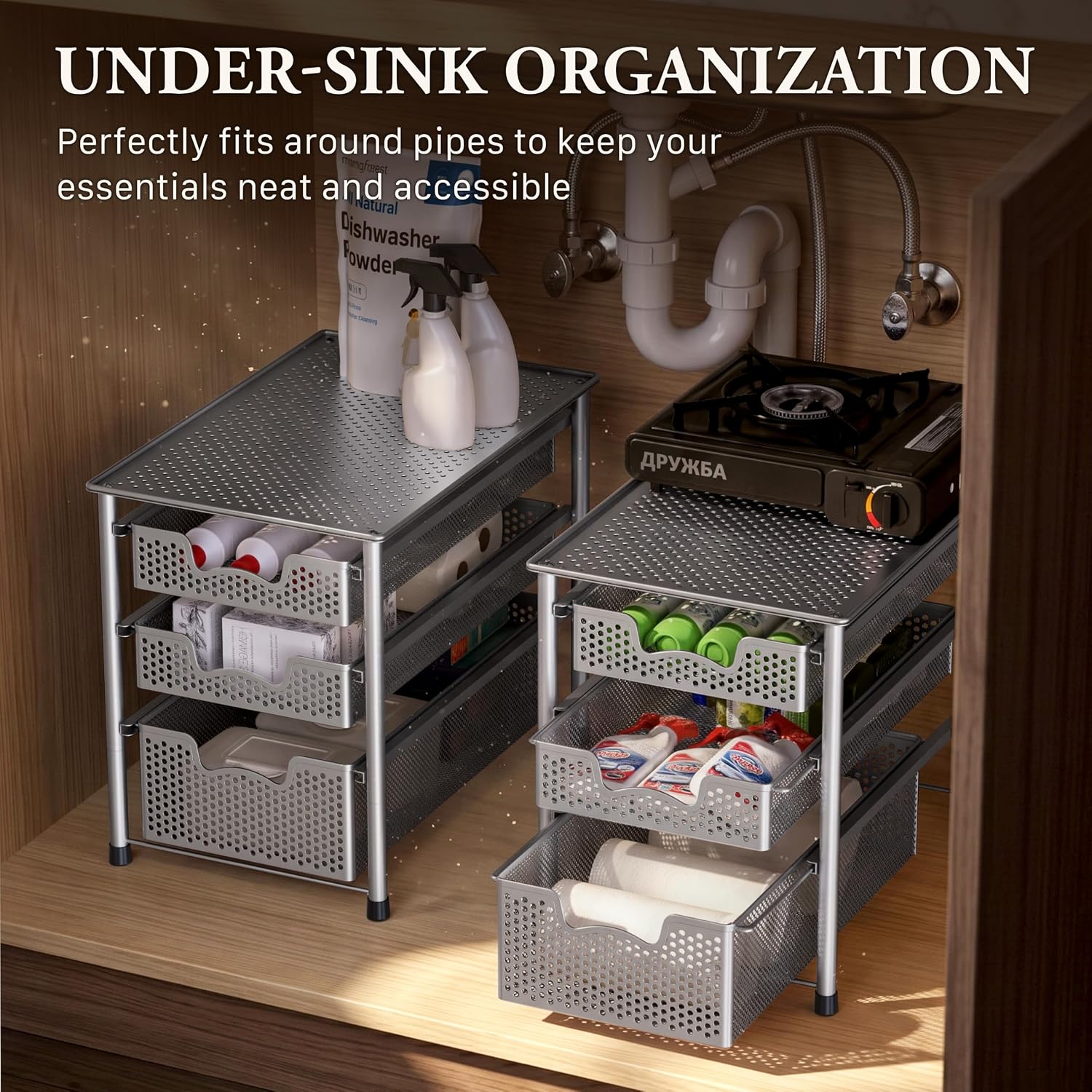 Simple Houseware Stackable 3 Tier Sliding Basket Organizer Drawer, Silver
