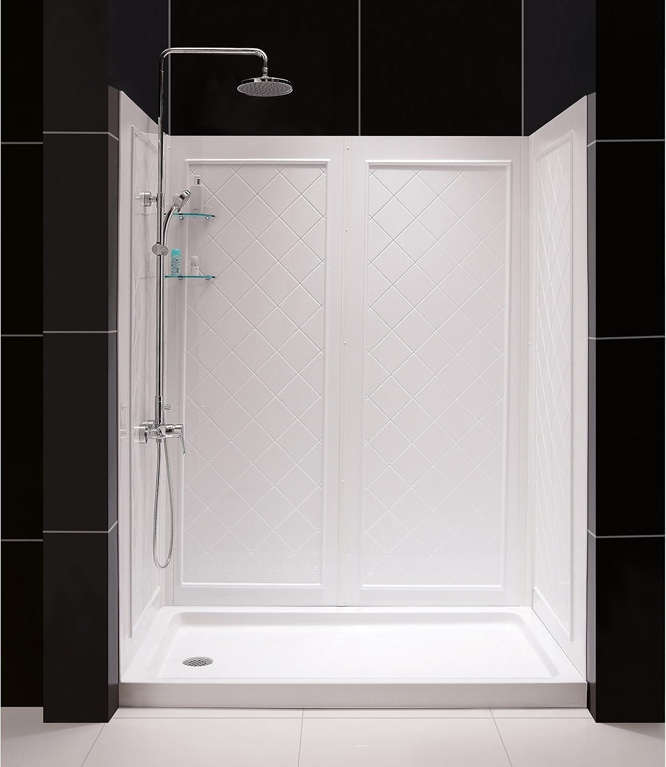 DreamLine 36 in. D x 60 in. W x 76 3/4 in. H Left Drain Acrylic Shower Base and QWALL-5 Backwall Kit In White, DL-6192L-01