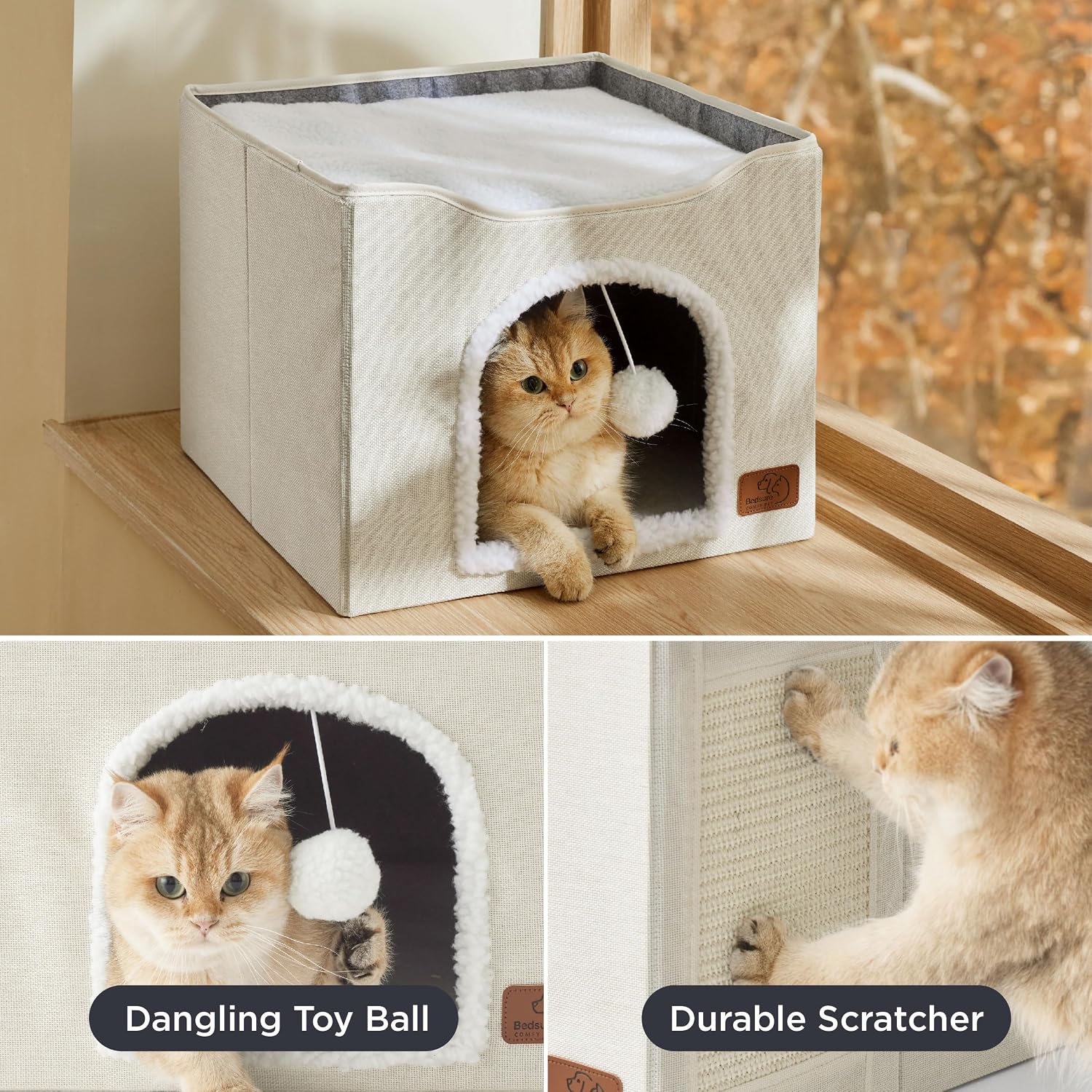 Bedsure Cat House Bed for Indoor Cats with Fluffy Ball and Scratch Pad,Grey
