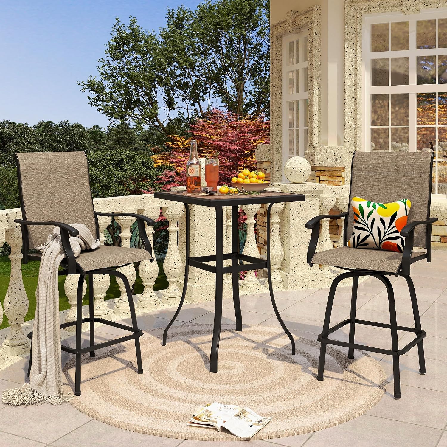 PHI VILLA Bar Height Patio Table and Chairs Set for 2