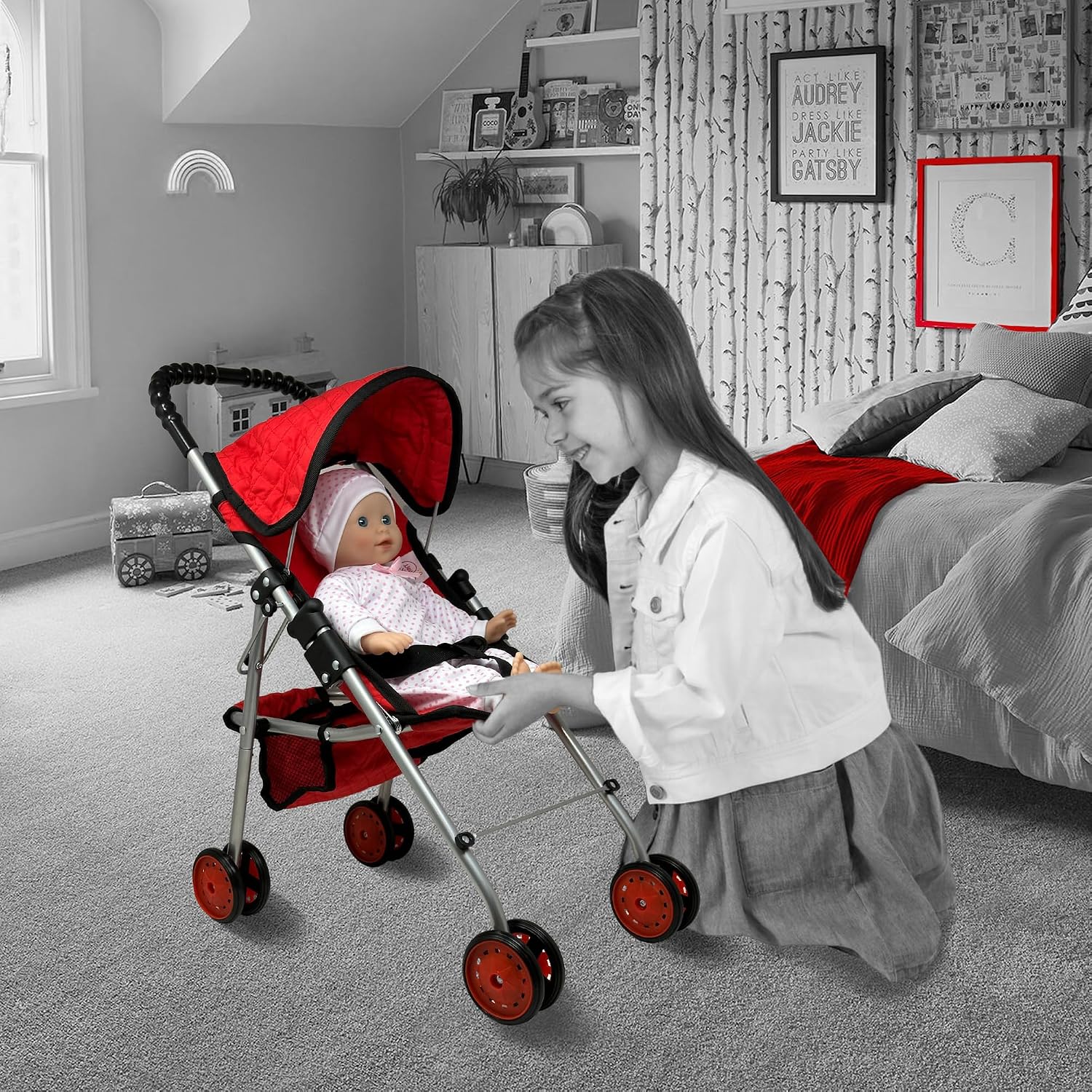 The New York Doll Collection My First Doll Stroller with Basket & Heart Design Foldable Doll Stroller, Pink