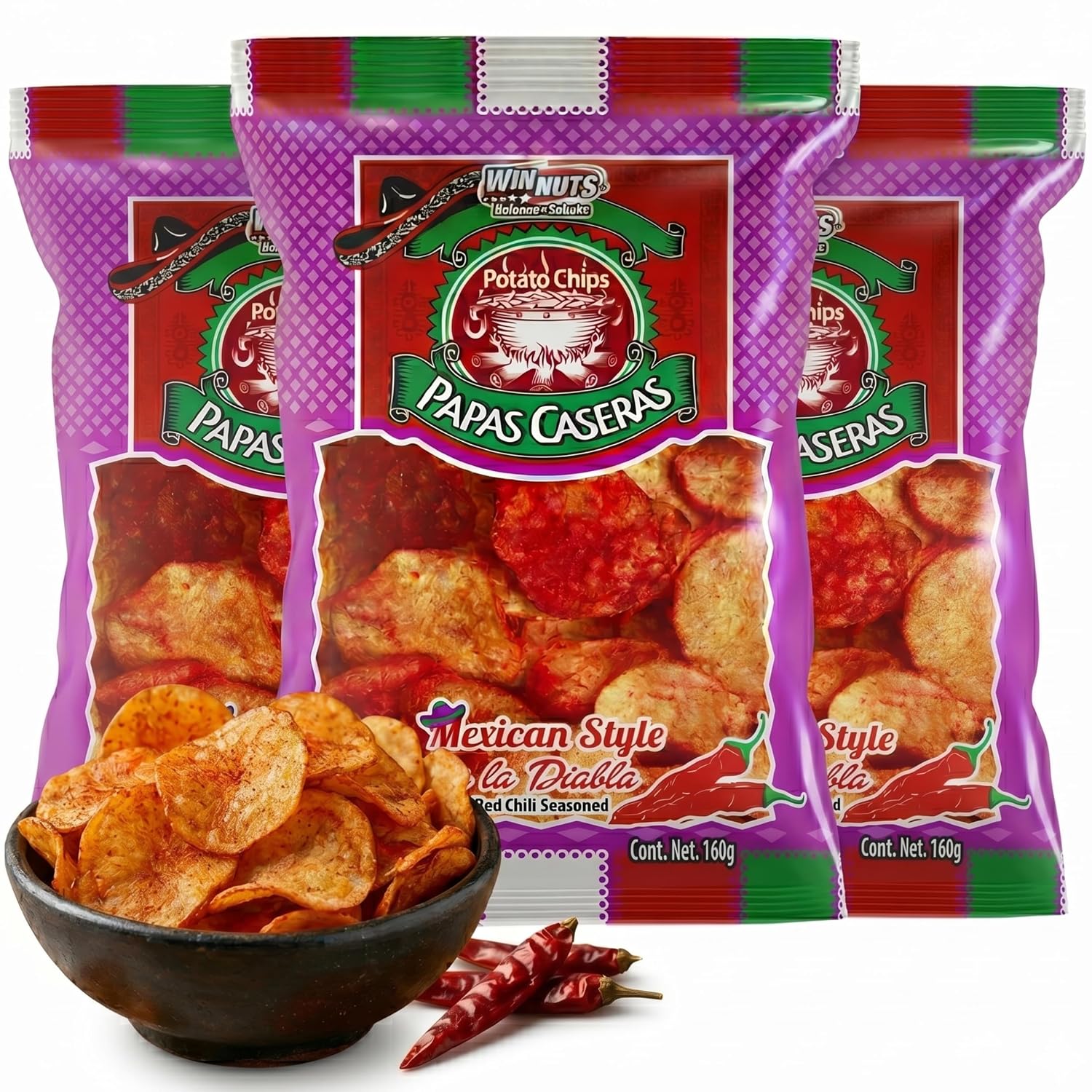 WINNUTS Jalapeño Chips Kettle Cooked (3 Pack, 5.6 oz Each) | Authentic Mexican Style Spicy Potatoes Chips | Homestyle "Papa Casera" for Parties