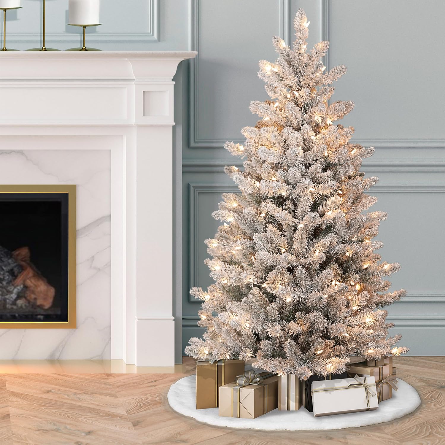 Puleo International 7.5 Foot Pre-Lit Slim Flocked Fraser Fir Artificial Christmas Tree with 500 UL Listed Clear Lights