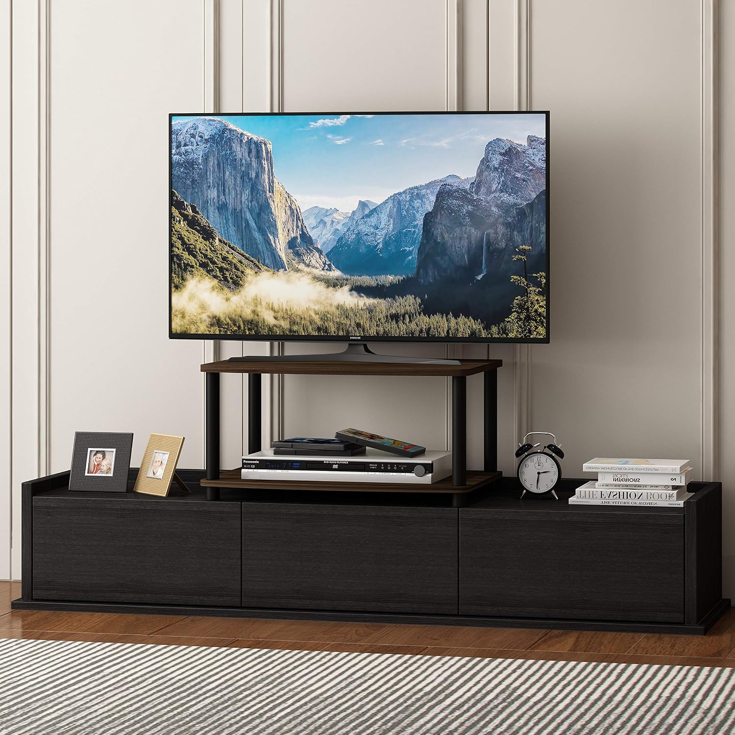 Furinno Turn-N-Tube TV Riser Stand, 2-Tier Small Elevated No Tools TV Stand, TV Console for TV up to 32 inch, 15.8 x 23.8 x 11, for Living Room, Bedroom, French Oak/Black