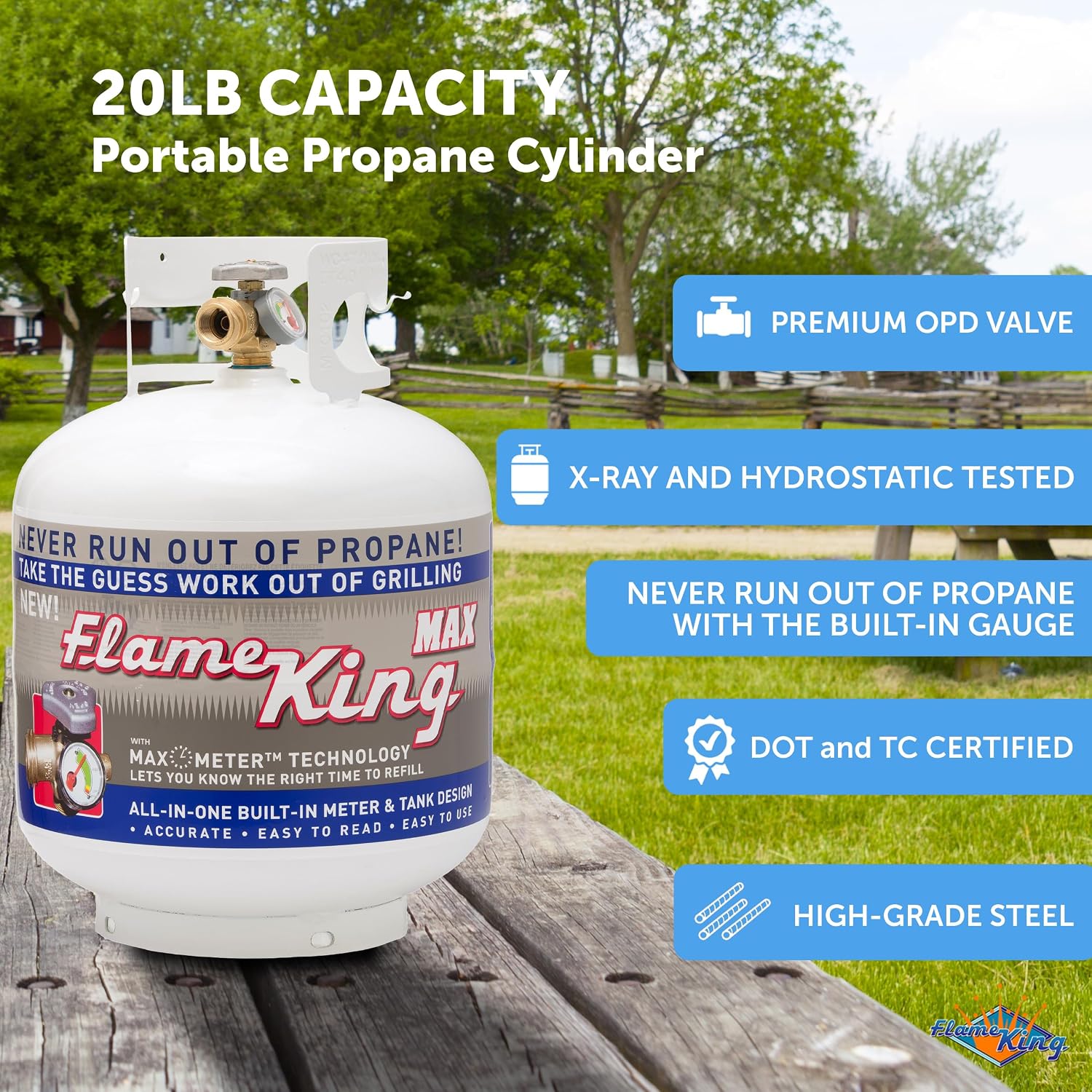 Flame King 20LB Steel Propane Tank Cylinder with Overflow Protection Device Valve and Built-in Gauge, Great for Grills and BBQs