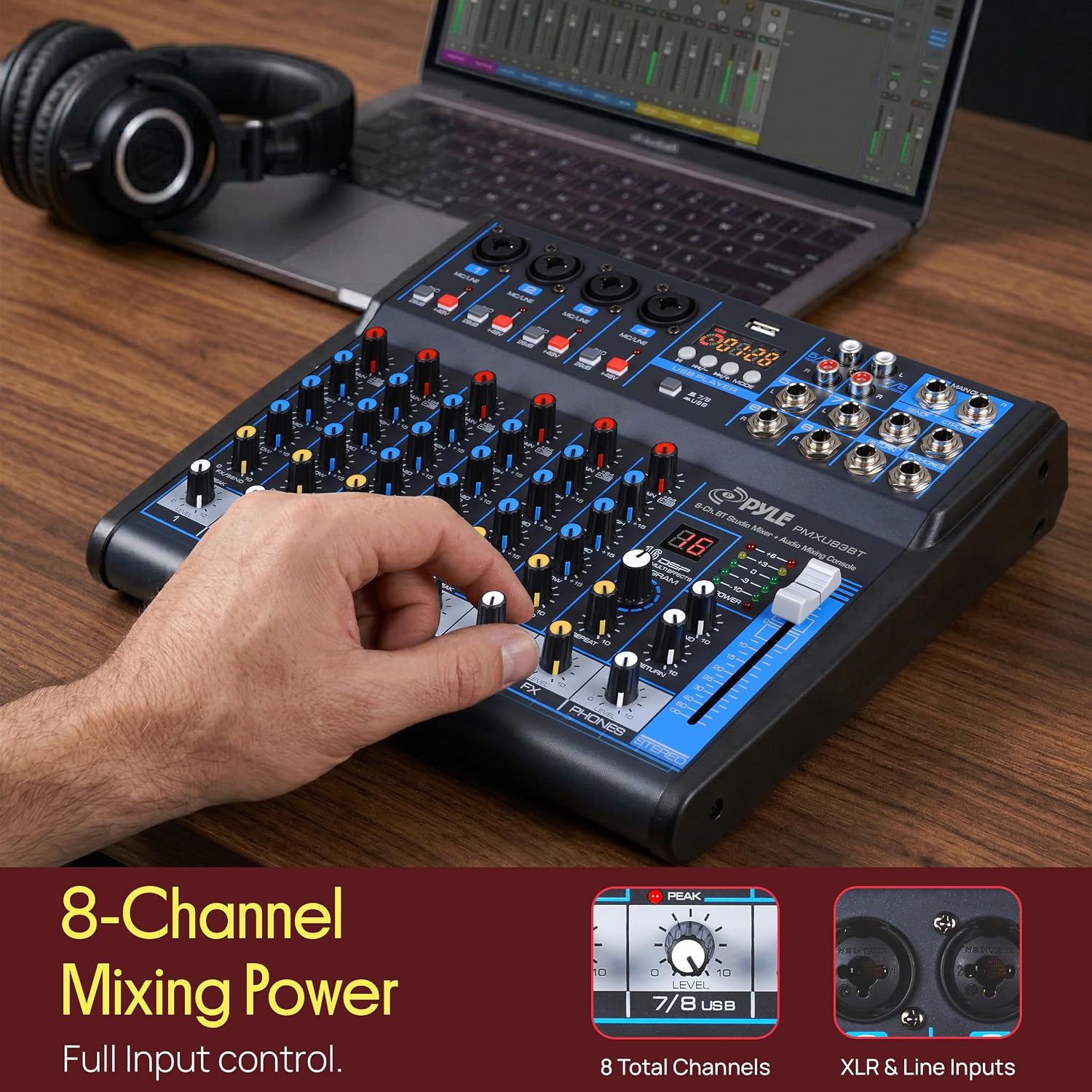 Pyle 8 Channel DJ Audio Mixer, Bluetooth, DSP FX, USB, Audio Interface | +48V Phantom Power, 16Bit DSP Processor, USB-A MP3 Player