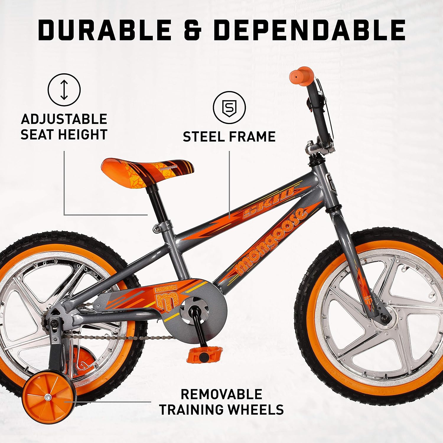 Mongoose Skid Bike, 16 Inch Bike for Kids Ages 3-7, BMX Style, Adjustable Seat Grows with Your Child, Mag Wheels, Training Wheels, Rear Coaster Brake