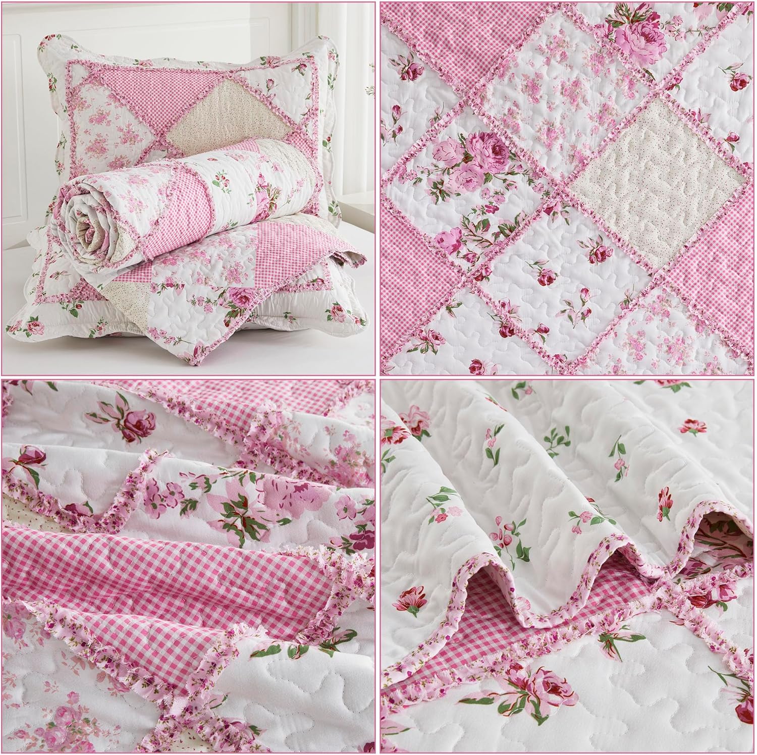 VIVILINEN Blue Floral Patchwork Quilt Set, Full Queen Size, 3 Piece Bedding Set with 2 Pillowcases