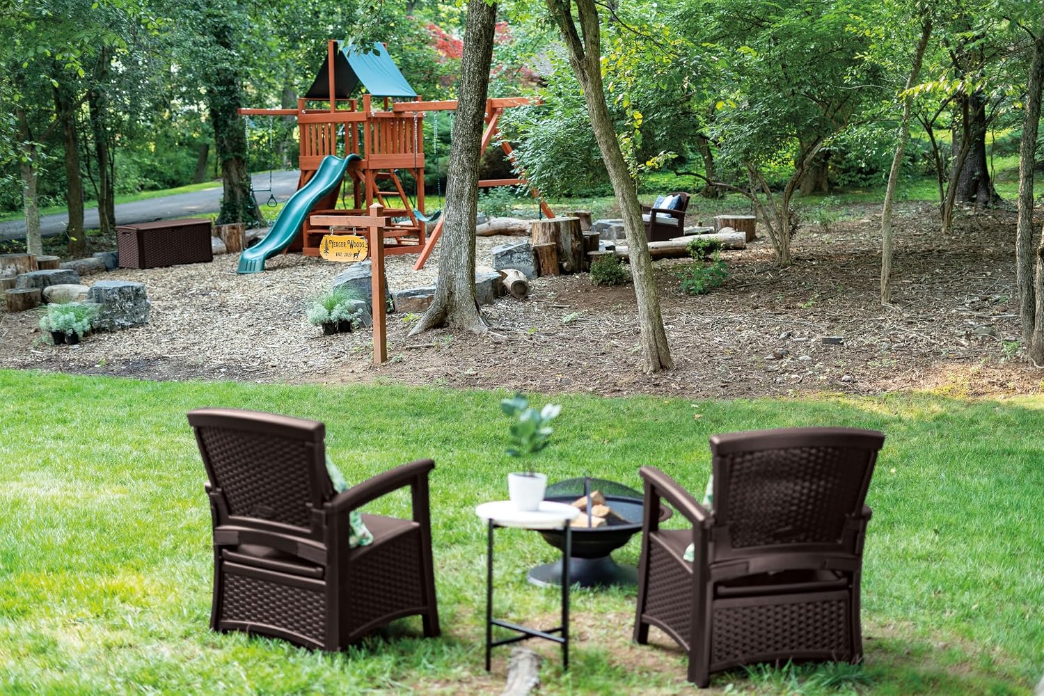Suncast Outdoor Wicker Love Seat with 23-Gallon Storage, Comfortable Seating for Two, Ergonomic Back Support, All-Weather Furniture for Patio, Deck, and Garden, Java, Made in the USA