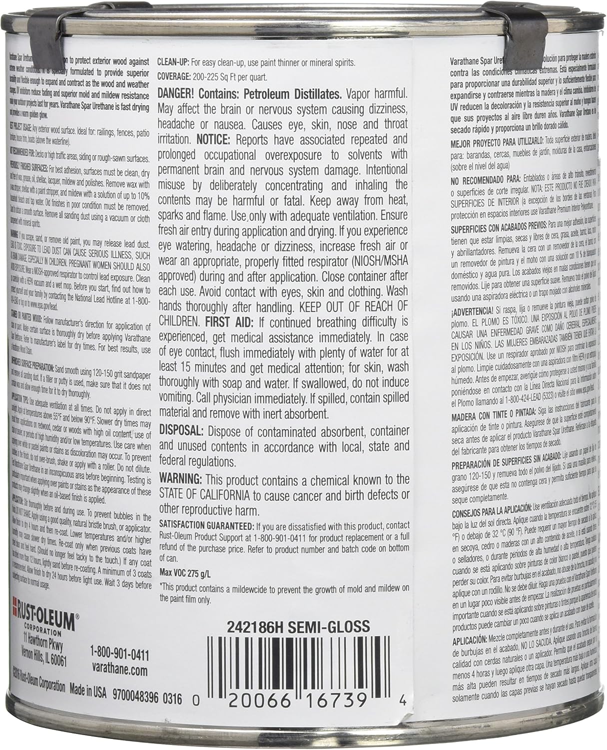 Varathane Outdoor Spar Semi-Gloss Urethane | Oil-Based, Exterior Wood Protection, UV & Weather Resistance, Moisture Resistant Finish, 275 VOC, Quart