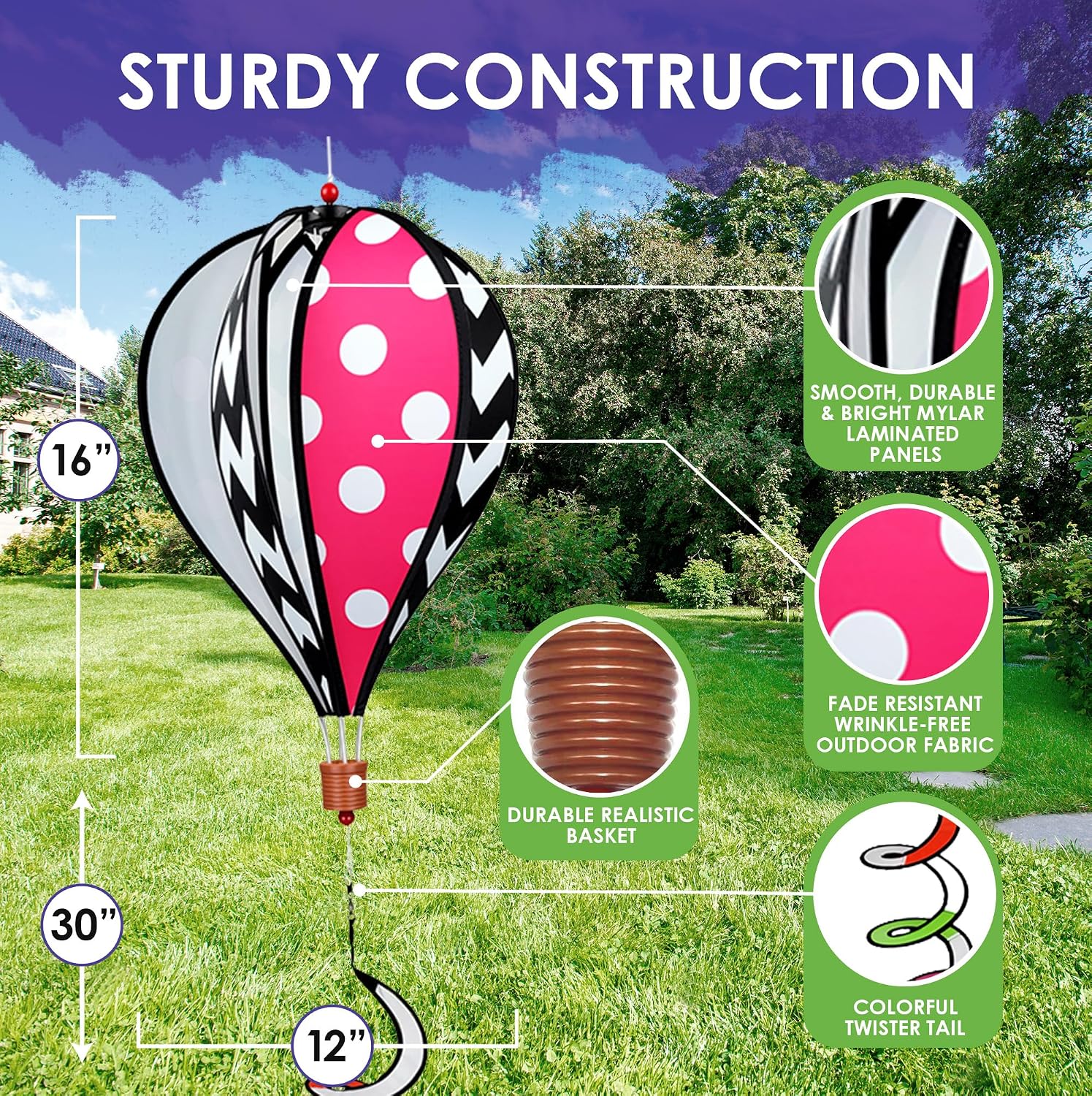 Hot Air Balloon Hanging Garden Spinner 16" - Vibrant Patriotic Design, Weather-Resistant Outdoor Decor, Durable & Lightweight for Patios, Yards, and Gardens - Eye-Catching Wind Spinner