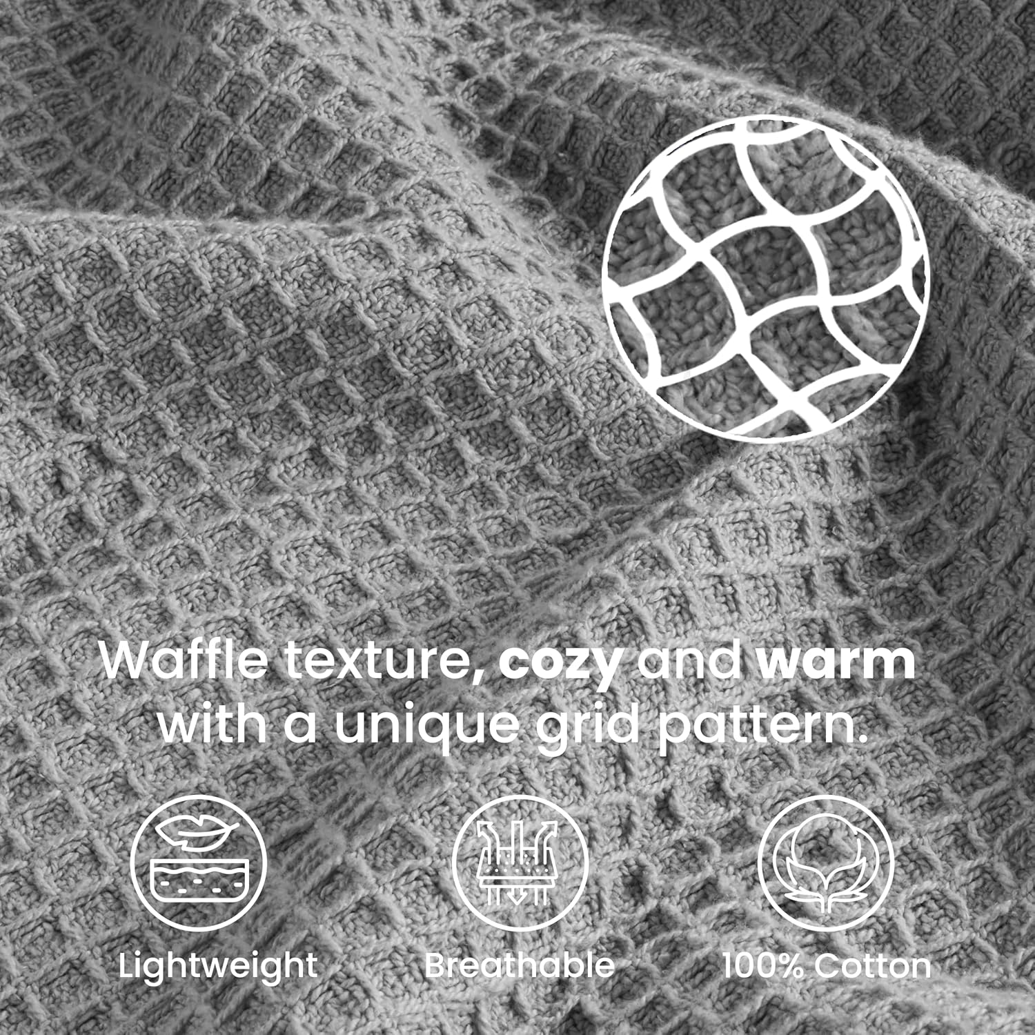 Tex Trend 100% Cotton Waffle Weave Blanket Queen Size - Soft, Breathable Cooling Blanket for Bed, Lightweight Cozy Summer & Spring Bedding, Grey, 90x90