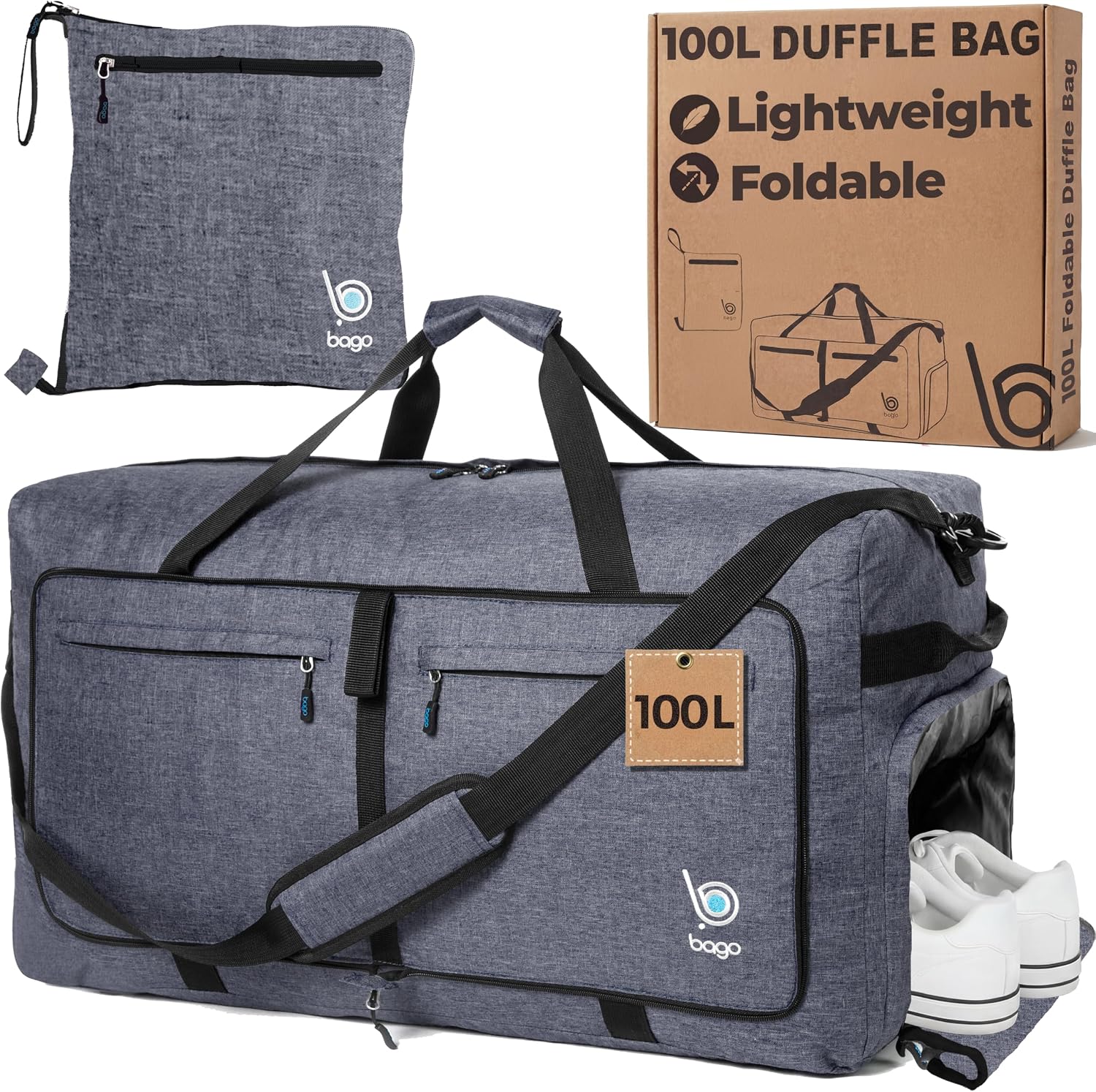 Bago Large Duffle Bag for Travel Women & Men. Durable Lightweight Foldable Travel Duffel Bags For Traveling Women. 80L Duffle Bags For Overnight Bag With Shoe Compartment Collapsible Weekender duffel