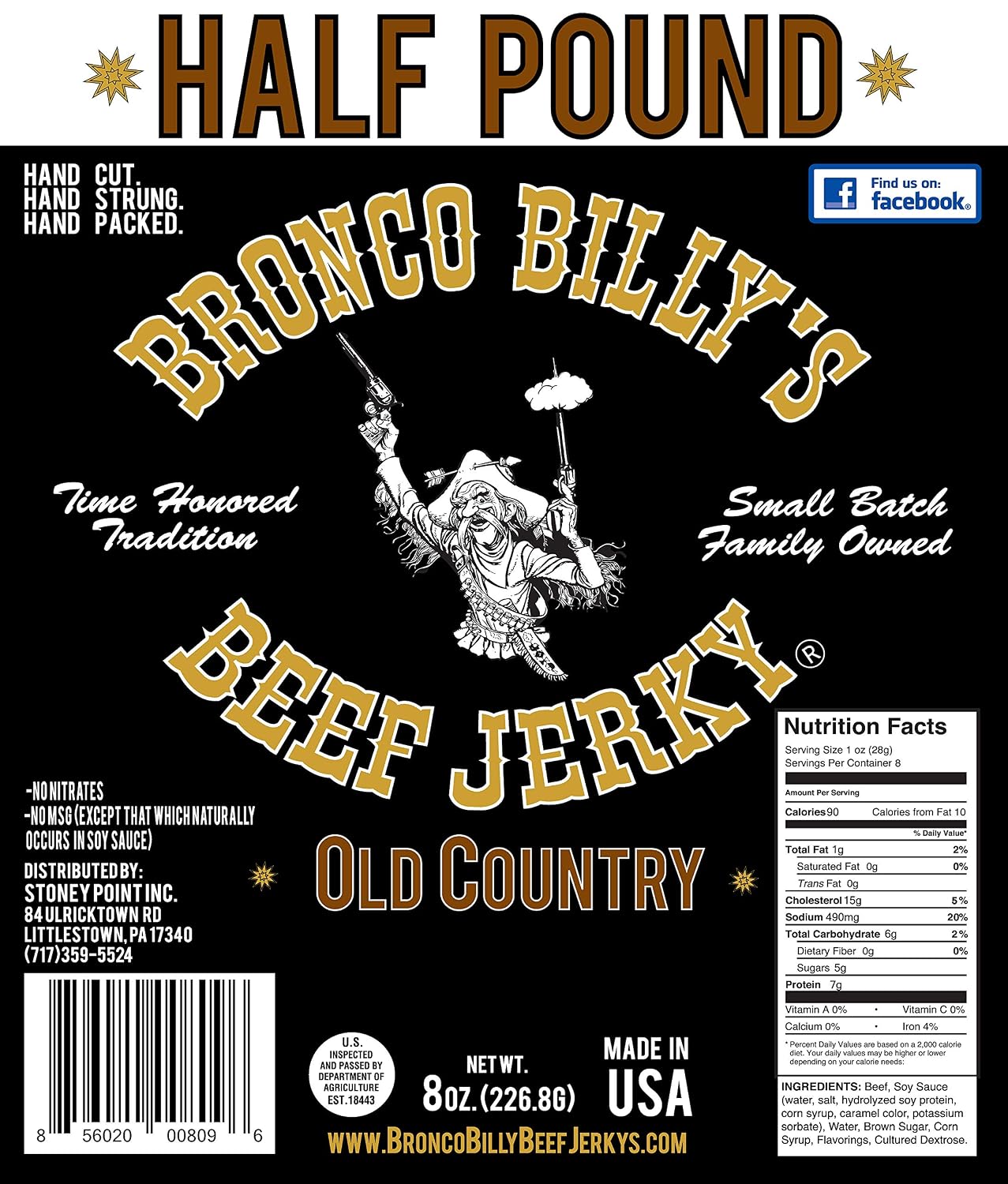 Bronco Billy's Beef Jerky Hickory Smoked Old Country Half Pound Resealable Bag