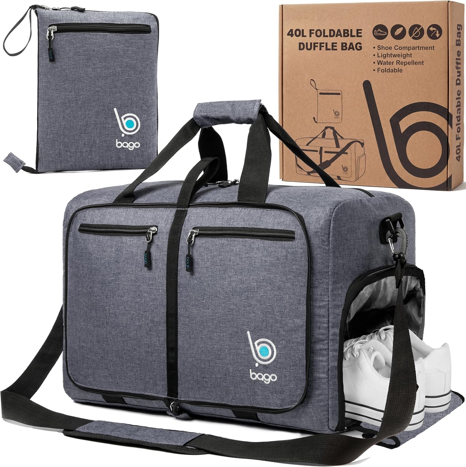 Bago Large Duffle Bag for Travel Women & Men. Durable Lightweight Foldable Travel Duffel Bags For Traveling Women. 80L Duffle Bags For Overnight Bag With Shoe Compartment Collapsible Weekender duffel