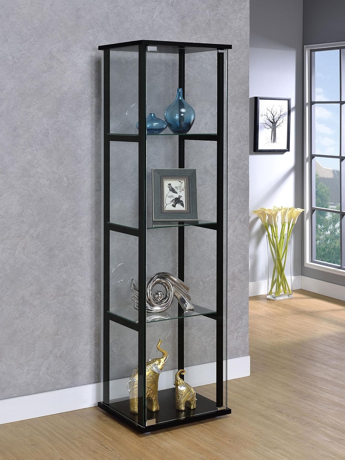 Coaster Home Furnishings Cyclamen 34-inch 3-Tier Clear Tempered Glass Curio Cabinet Display Case with Shelving Black 950179